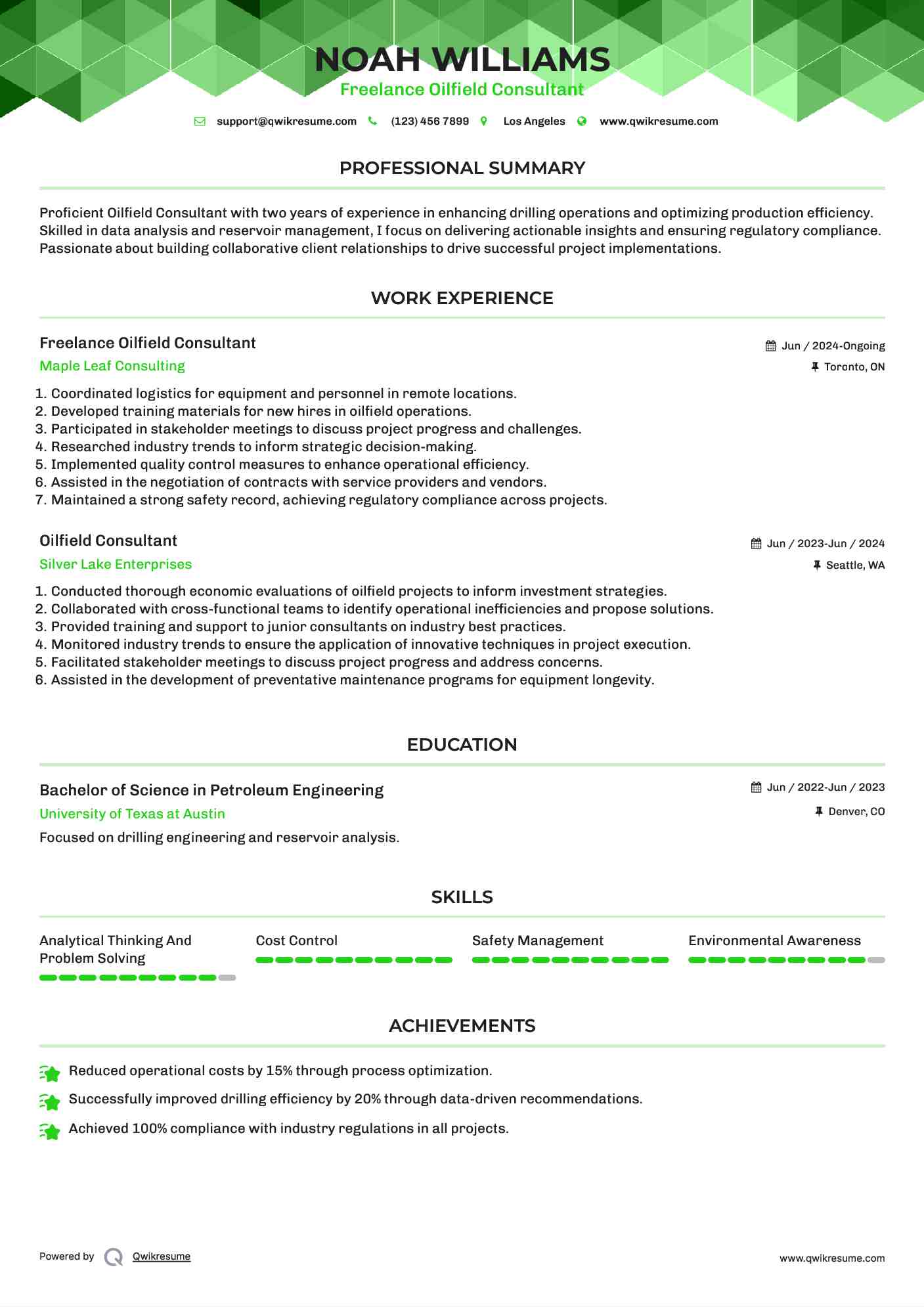 Freelance Oilfield Consultant Resume Template