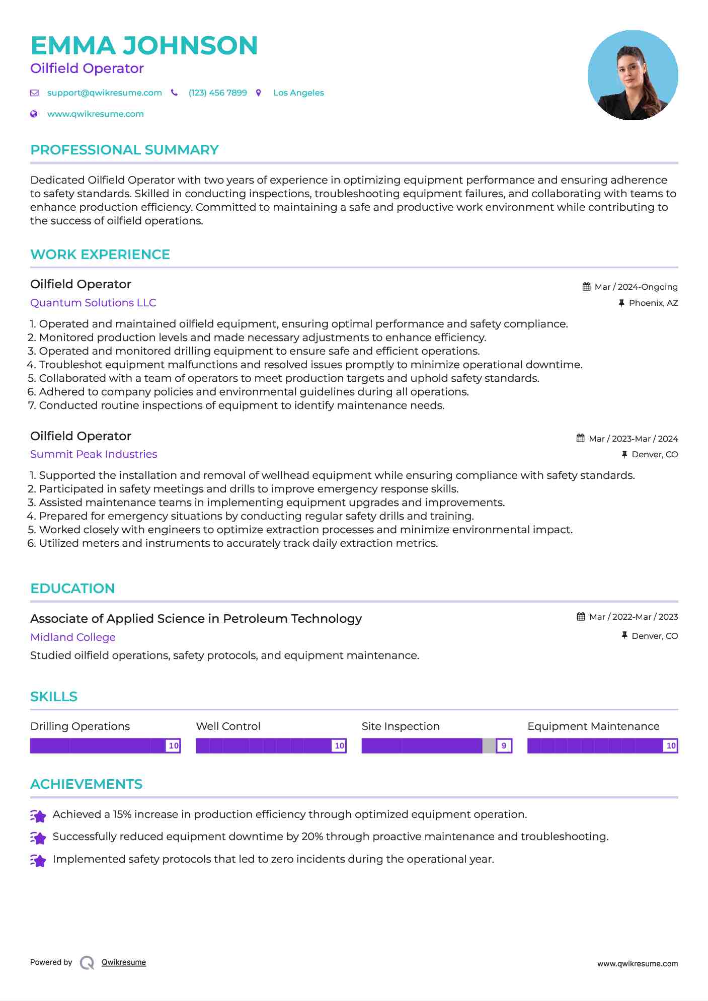 Oilfield Operator Resume Sample