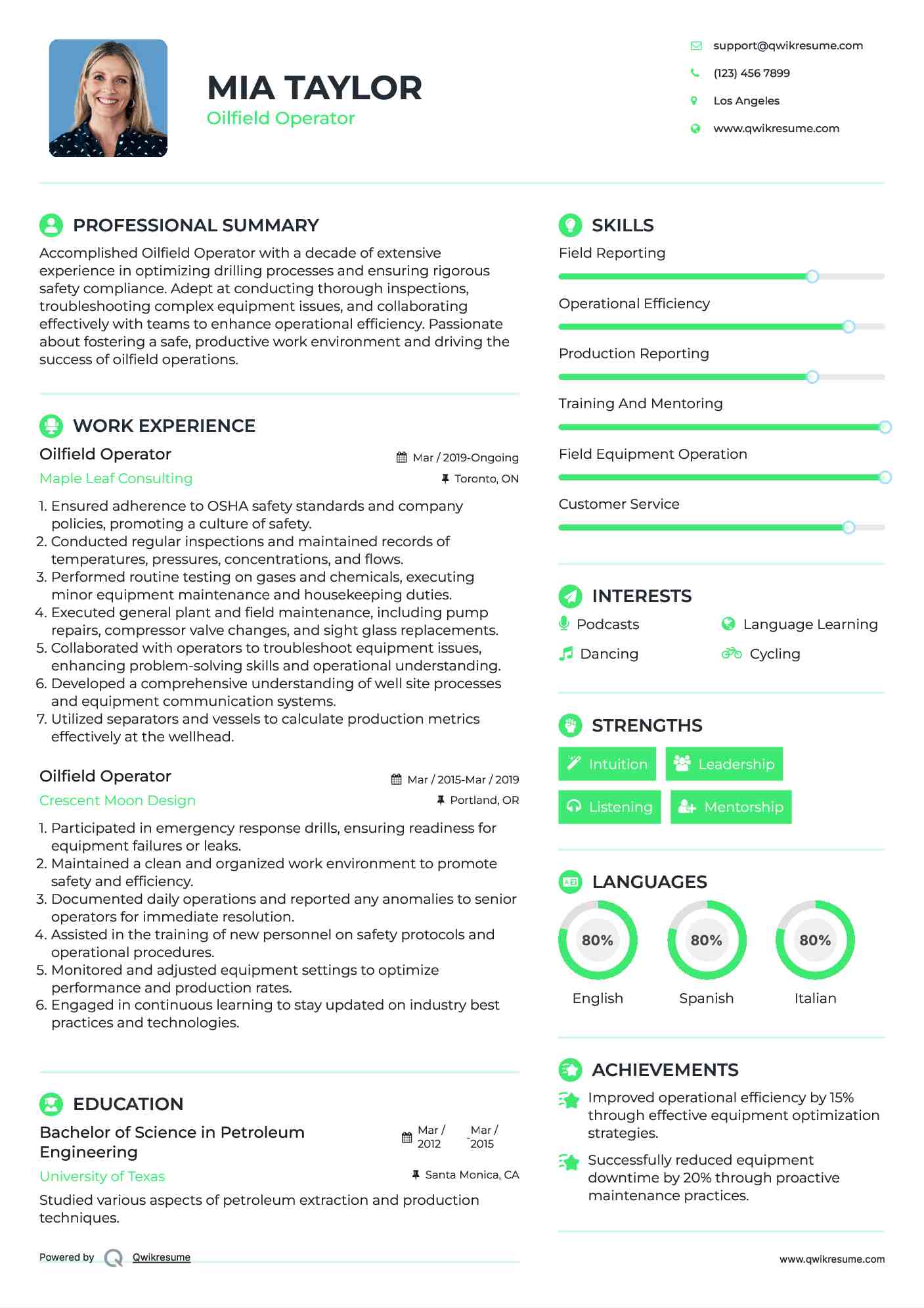 Oilfield Operator Resume Format