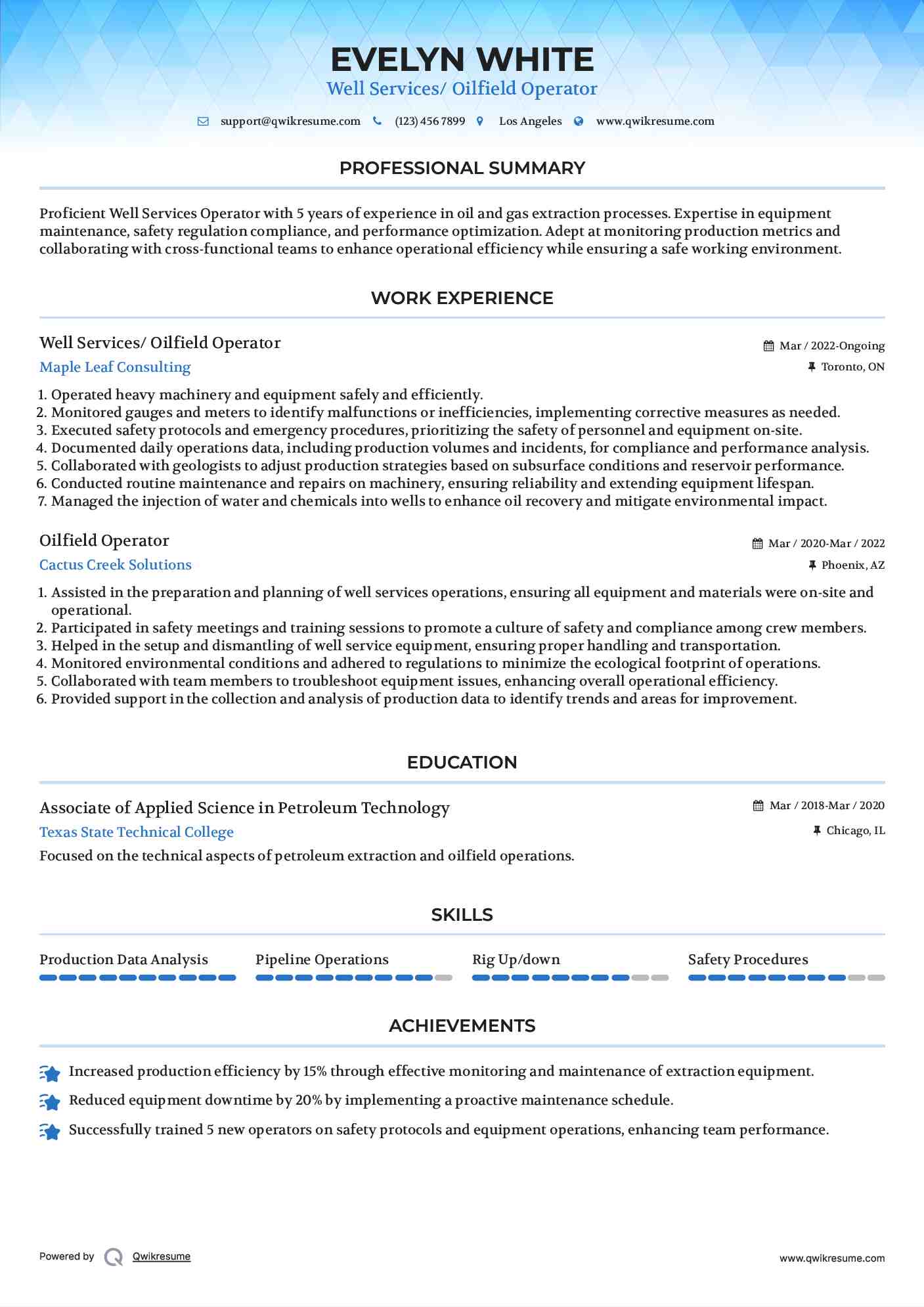 Well Services/ Oilfield Operator
 Resume Template