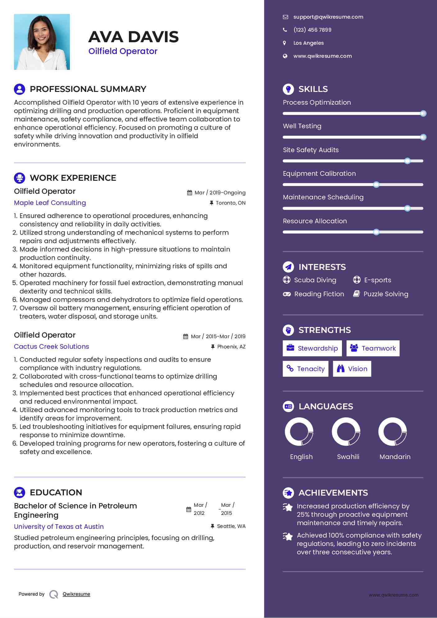 Oilfield Operator Resume Example