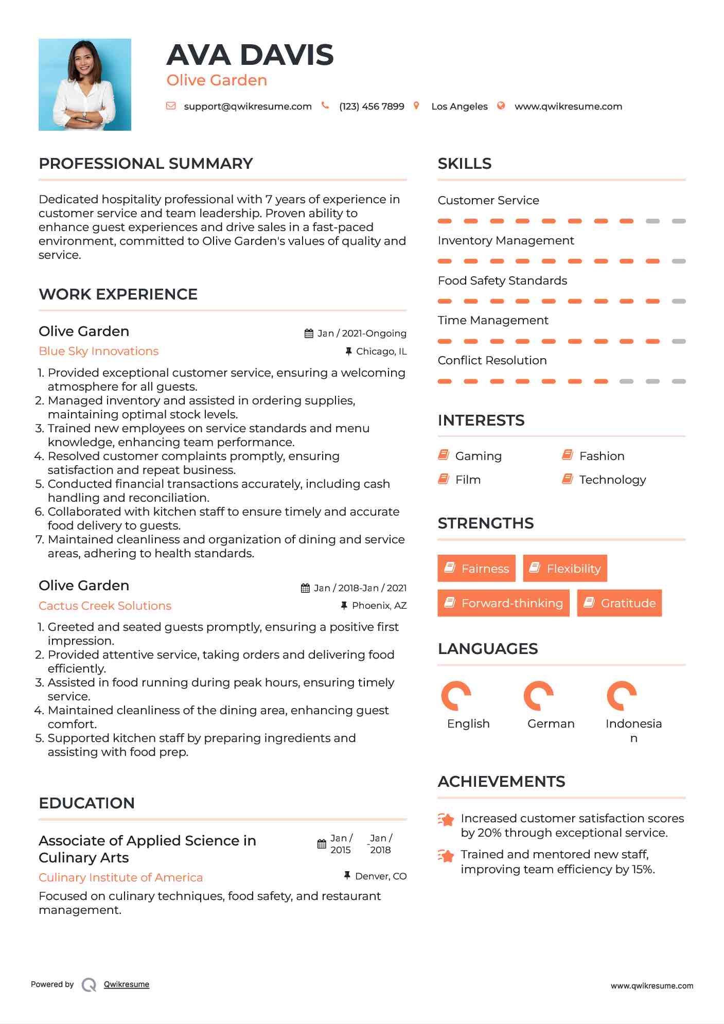 Olive Garden Resume Example