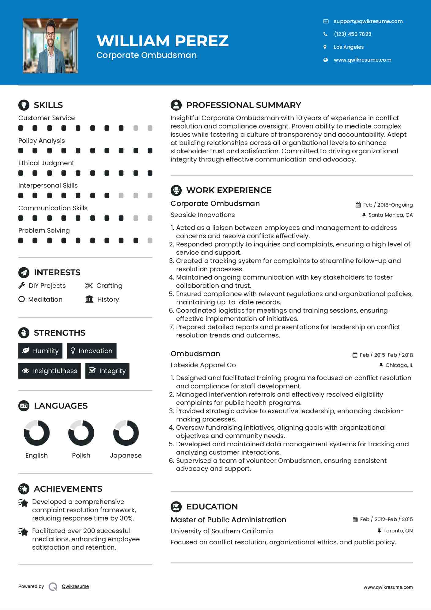 Corporate Ombudsman Resume Sample