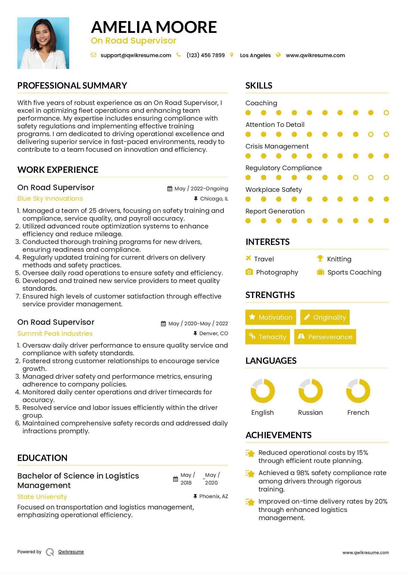 On Road Supervisor Resume Template