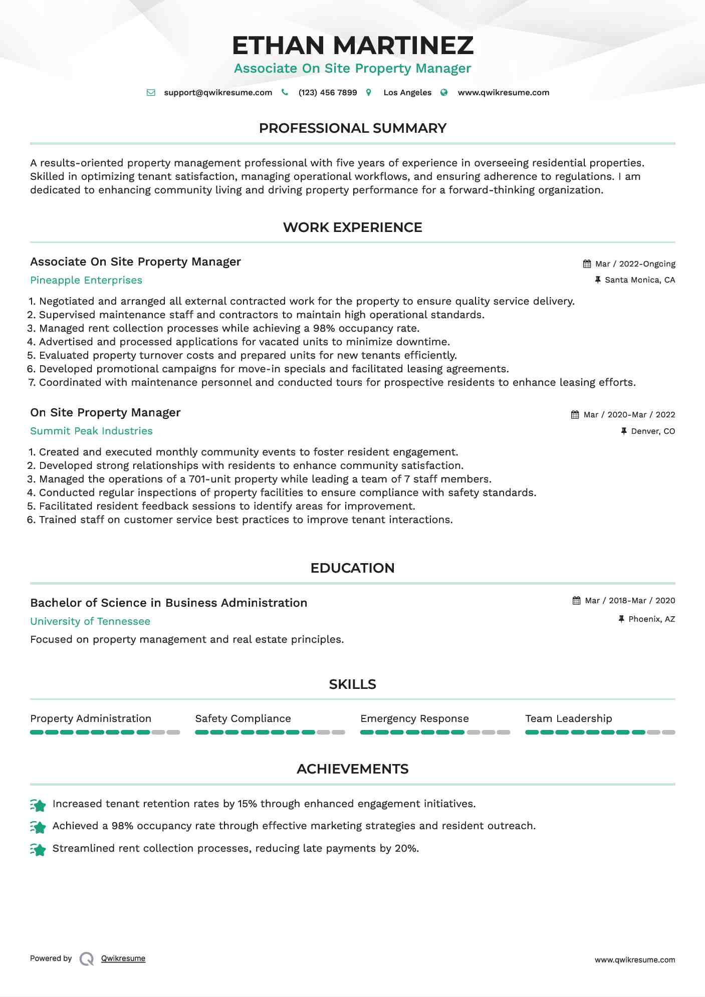Associate On Site Property Manager  Resume Template