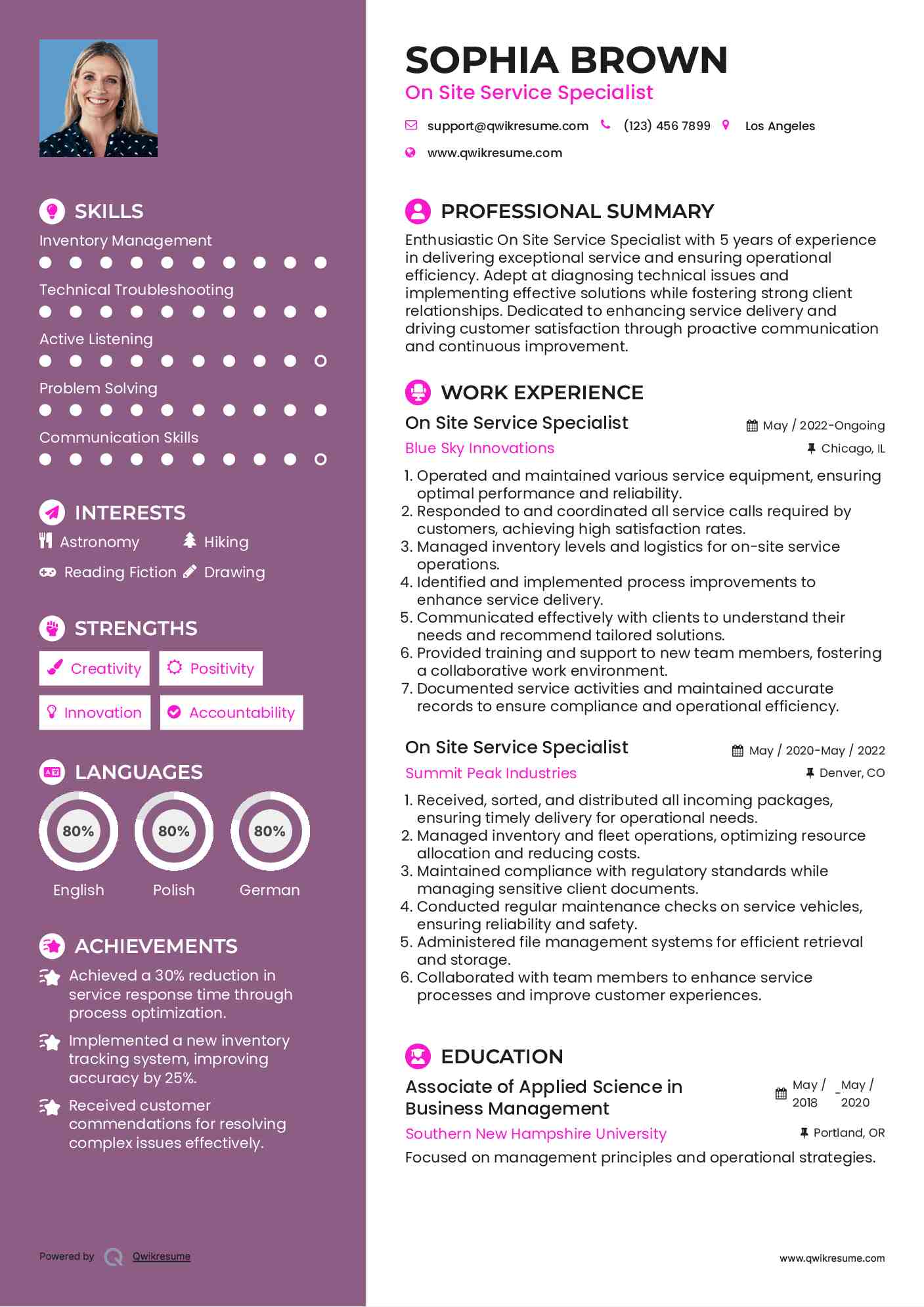 On Site Service Specialist Resume Example