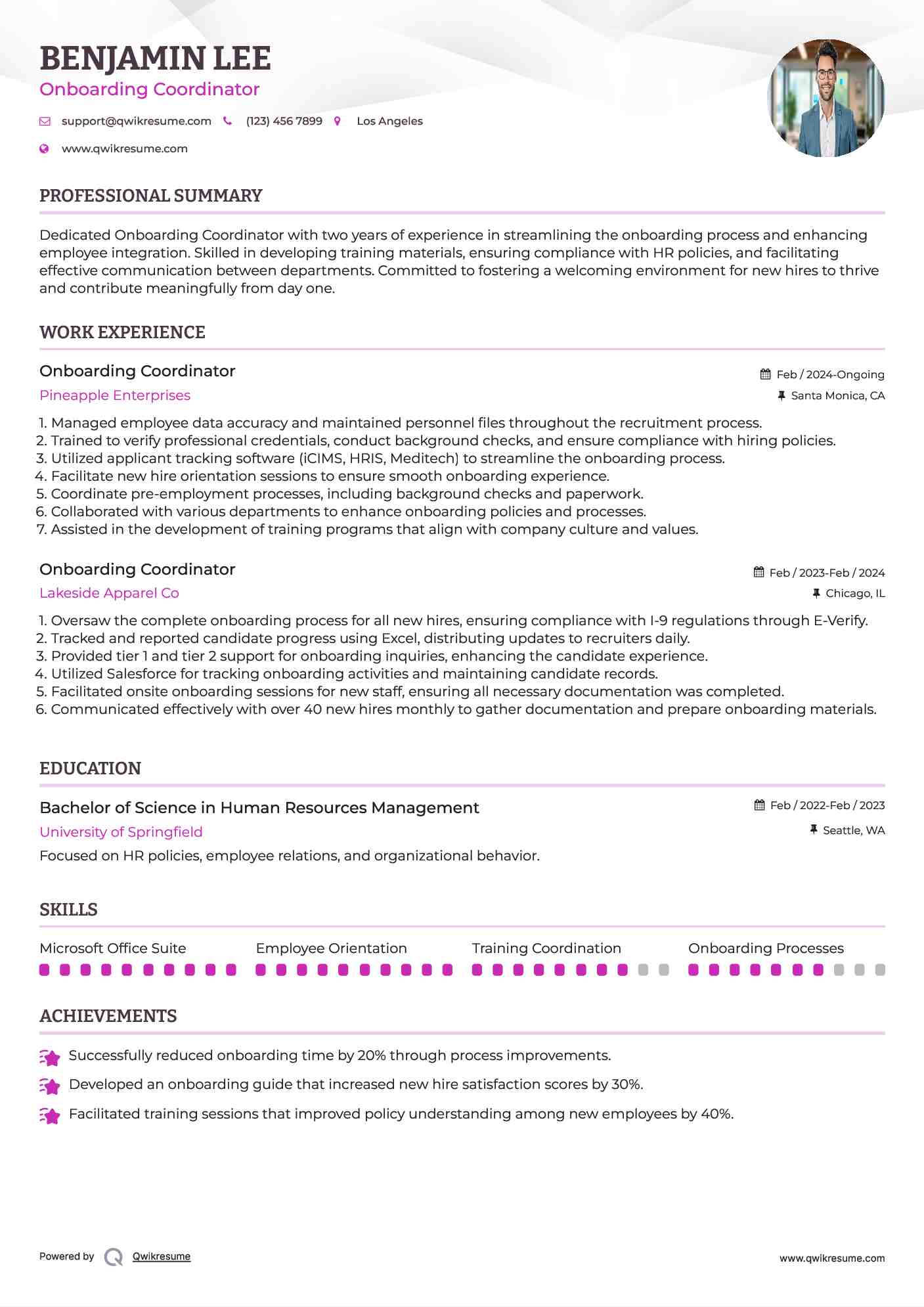 Onboarding Coordinator Resume Example