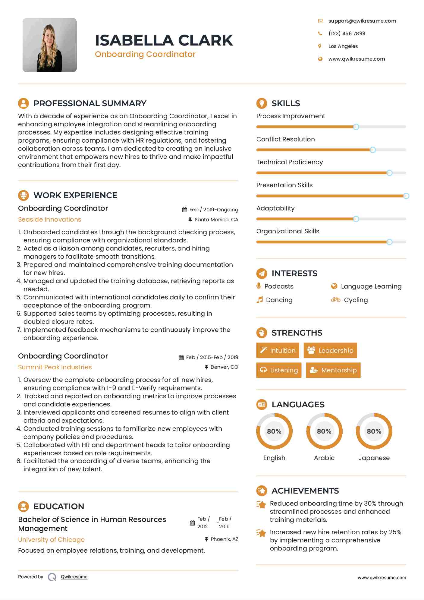 Onboarding Coordinator Resume Sample