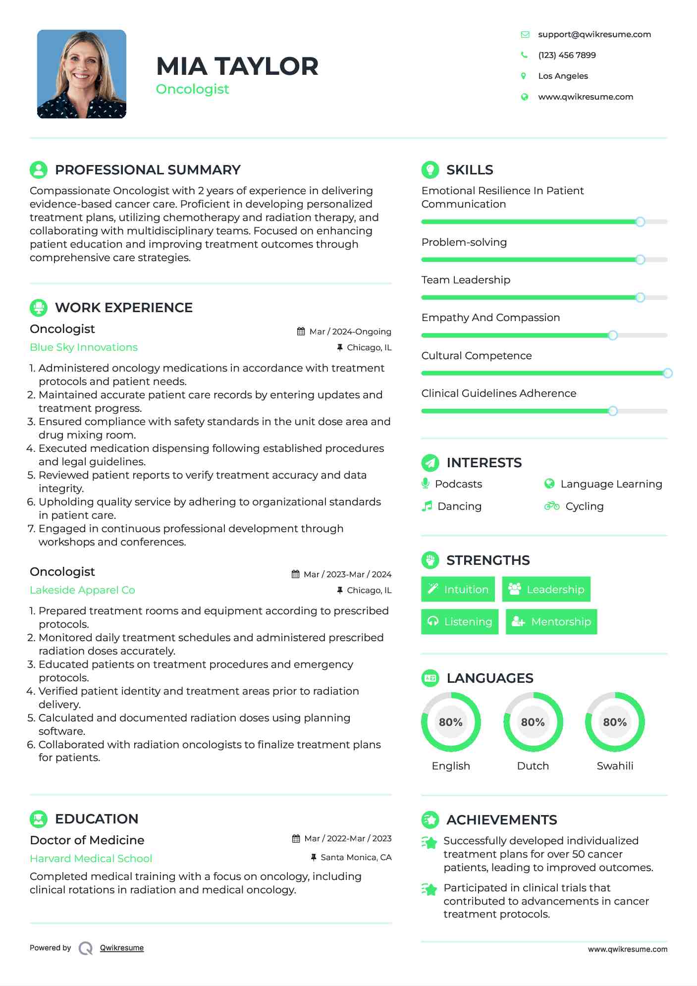 Oncologist Resume Model