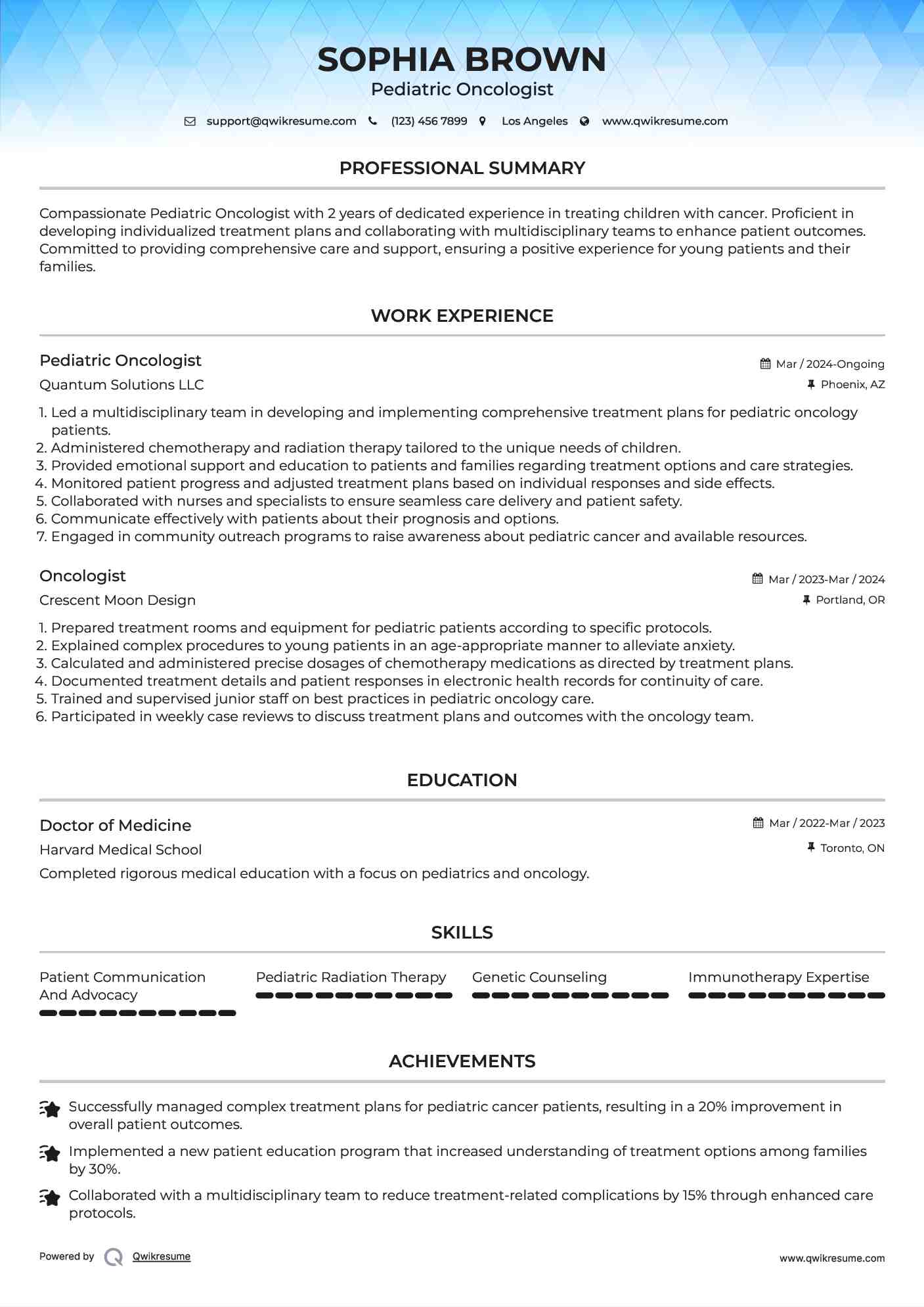 Pediatric Oncologist Resume Model