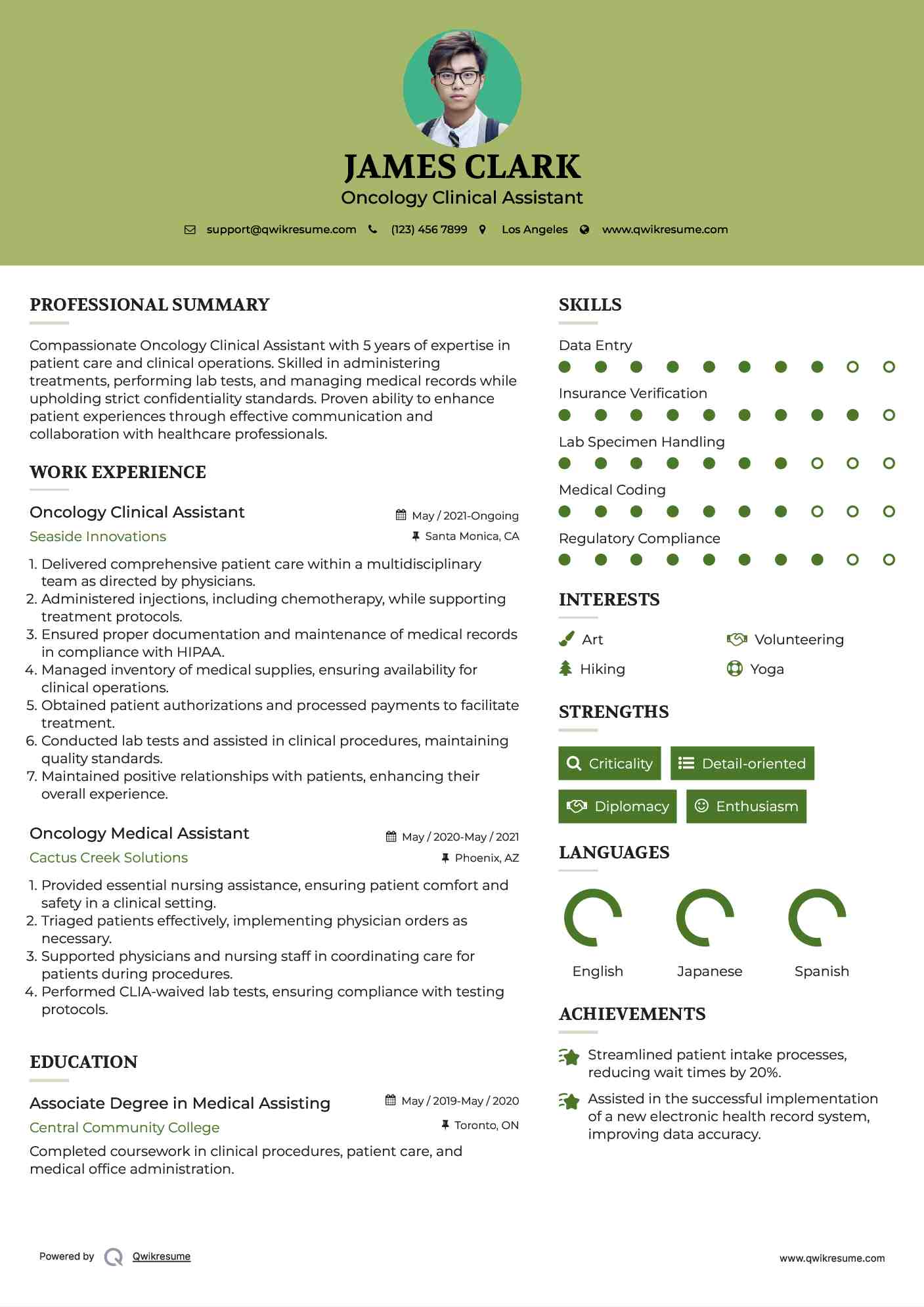 Oncology Clinical Assistant Resume Format