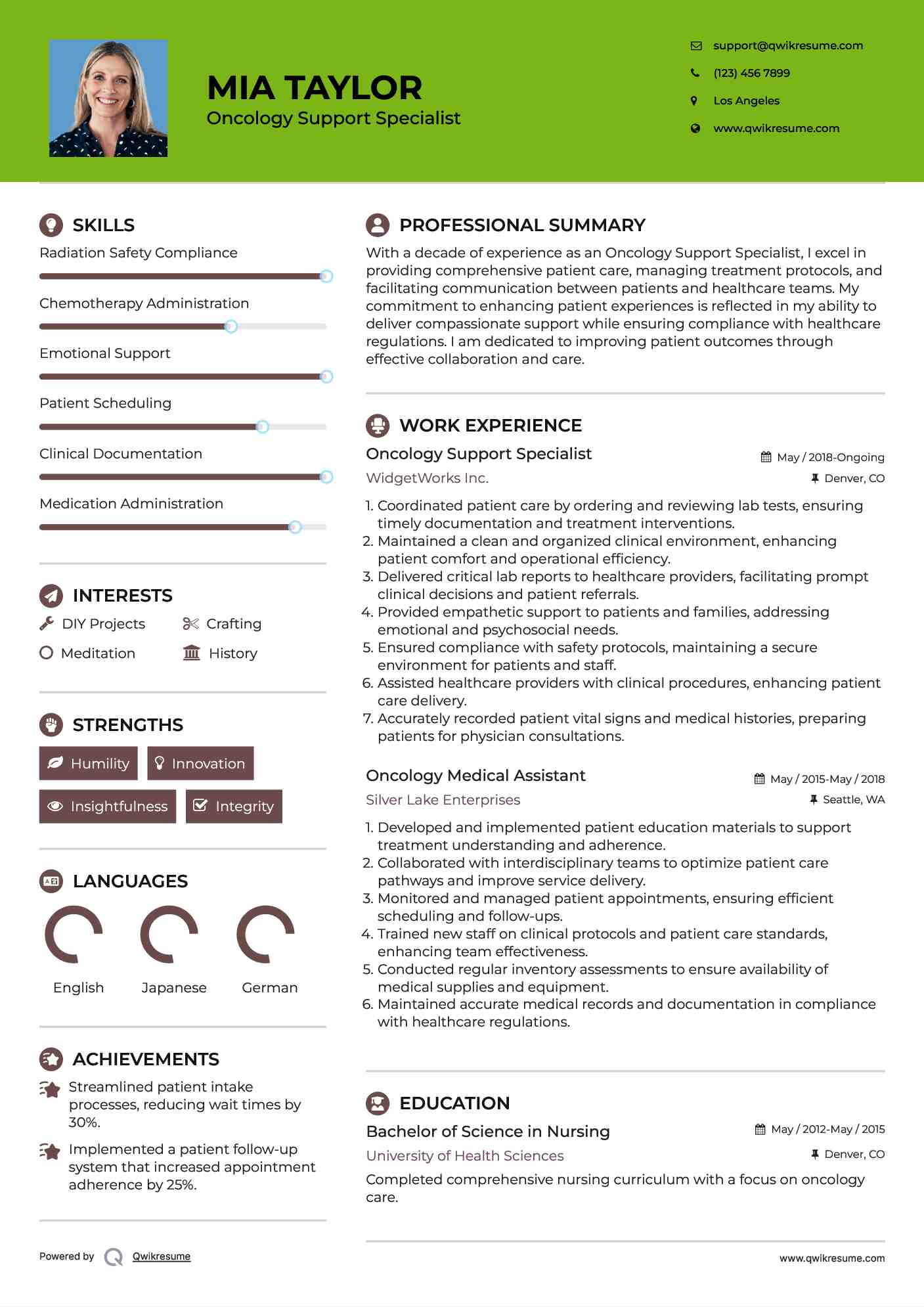 Oncology Support Specialist Resume Example