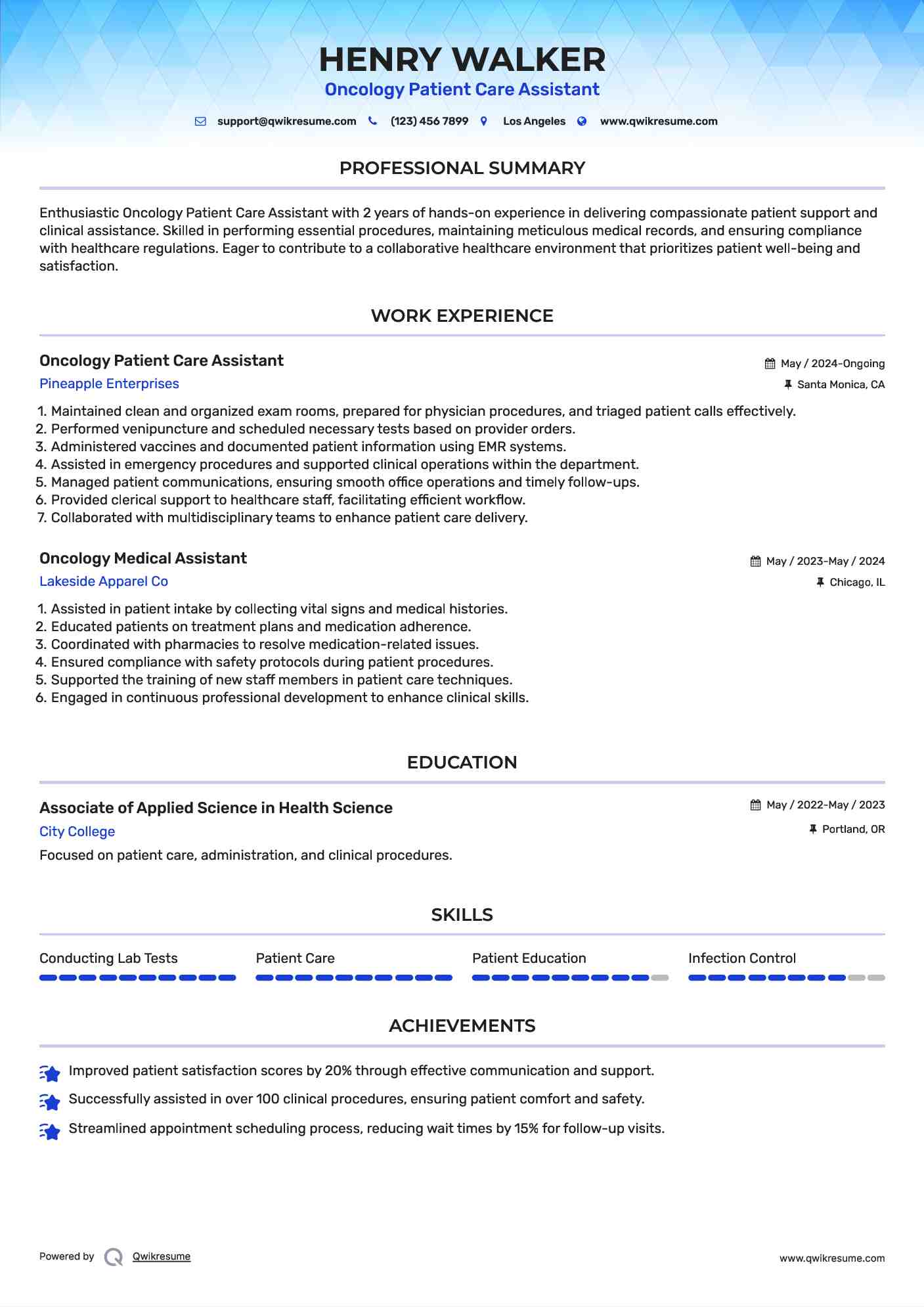Oncology Patient Care Assistant Resume Template