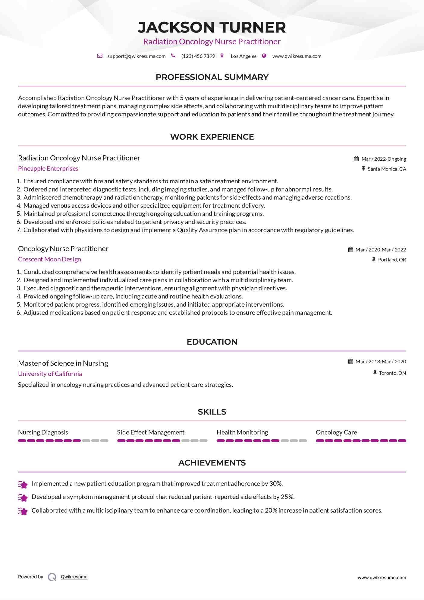 Radiation Oncology Nurse Practitioner
 Resume Model