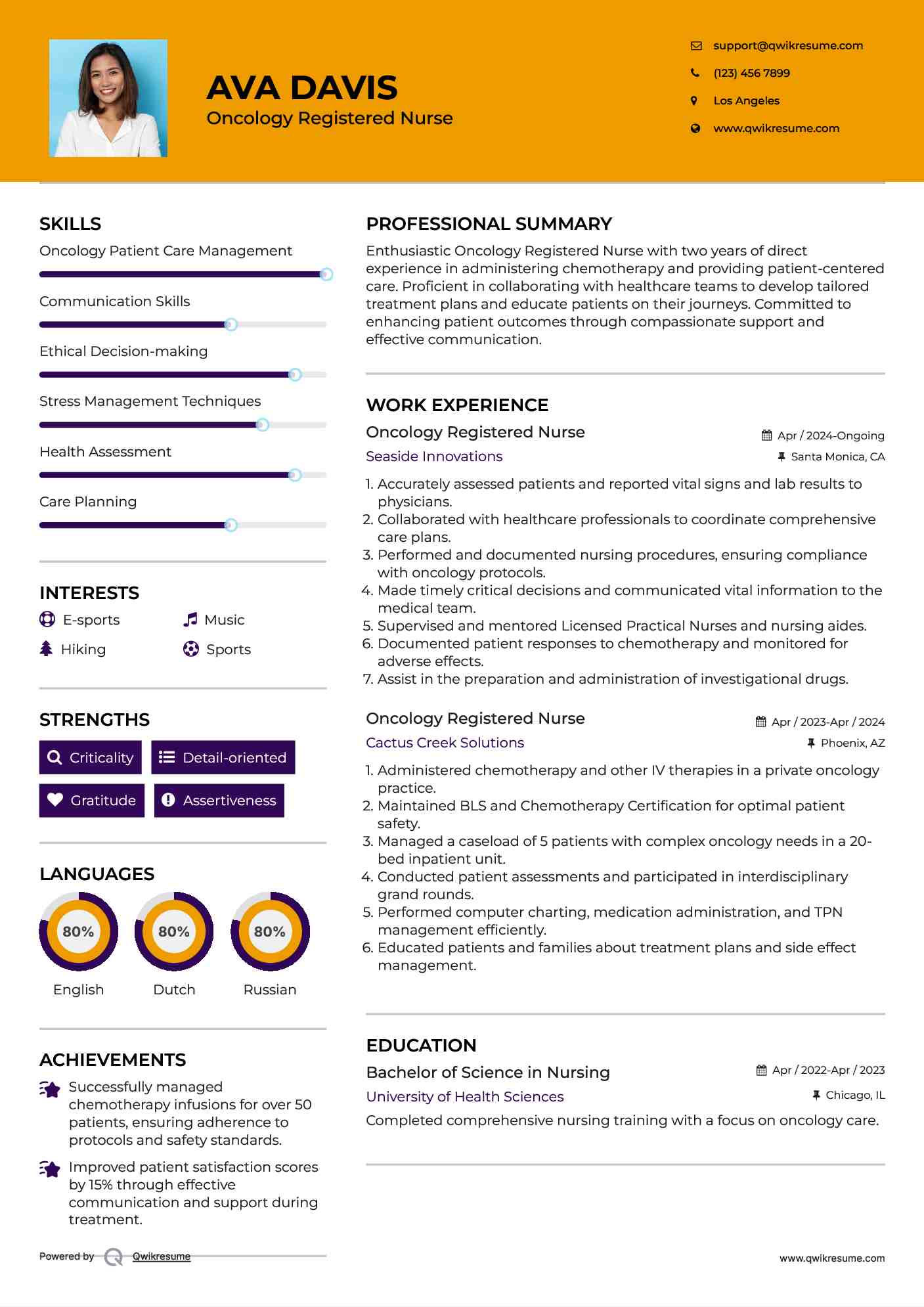 Oncology Registered Nurse Resume Example