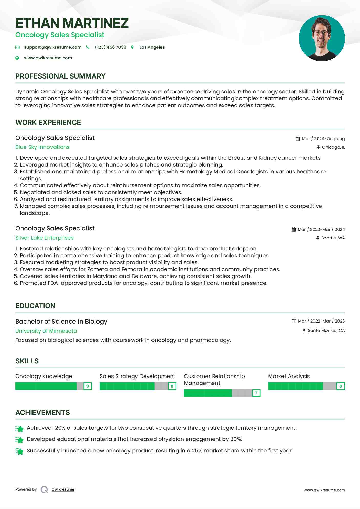 Oncology Sales Specialist Resume Example