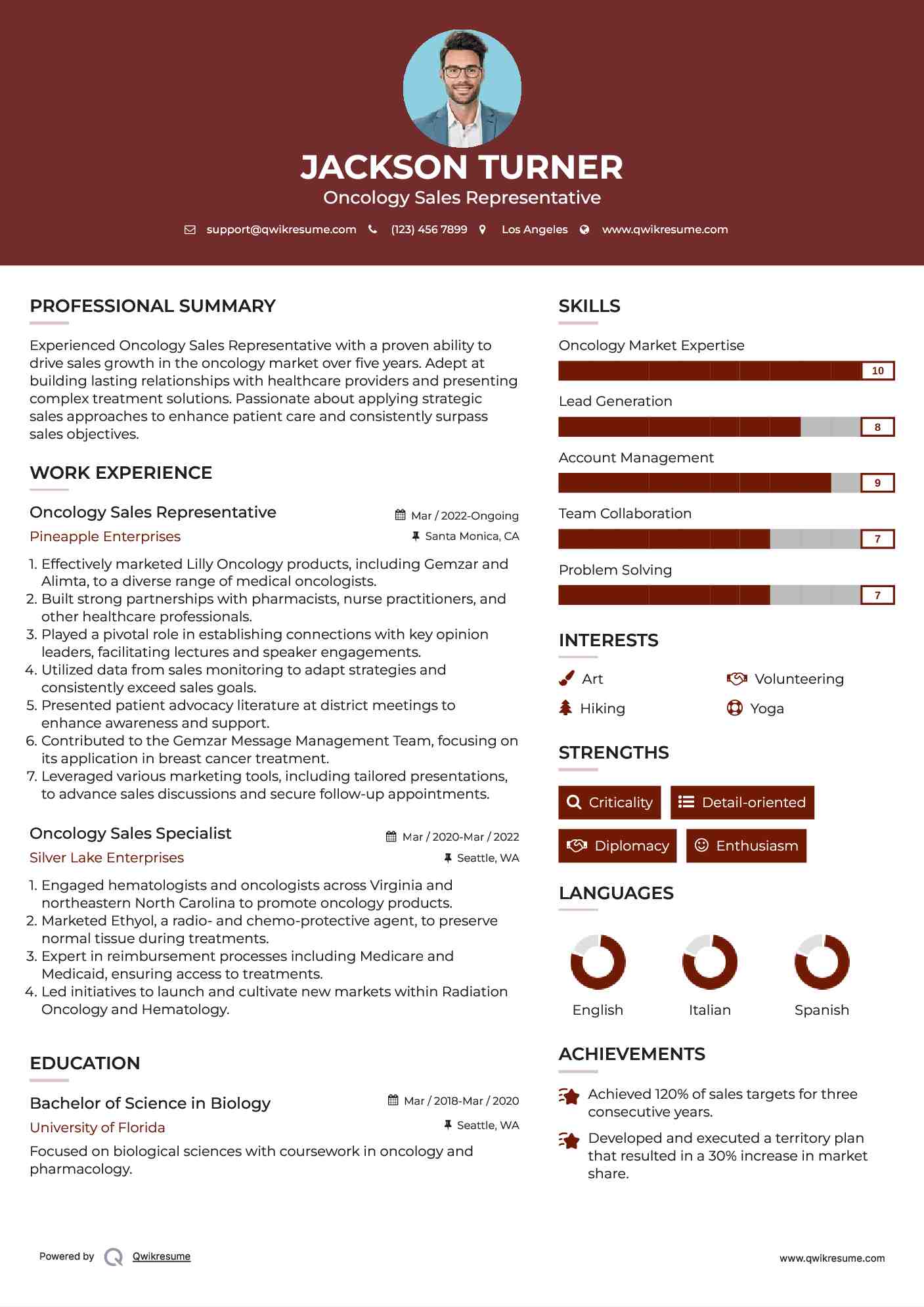 Oncology Sales Representative Resume Example