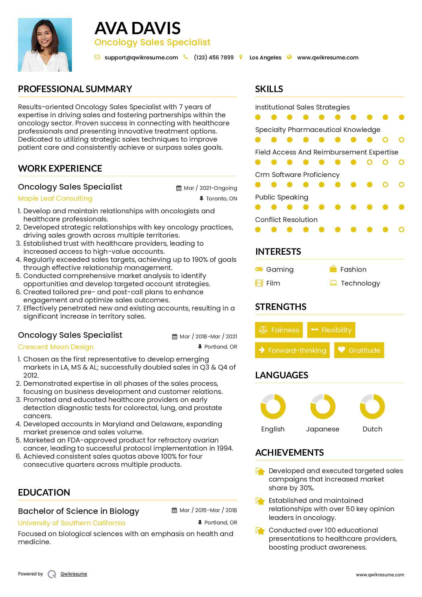 Oncology Sales Specialist Resume Format