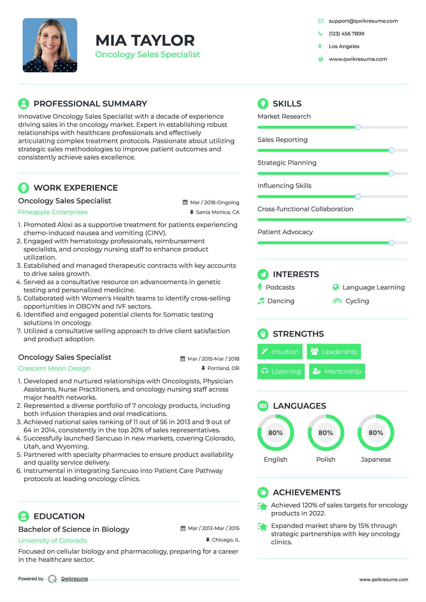 Oncology Sales Specialist Resume Sample