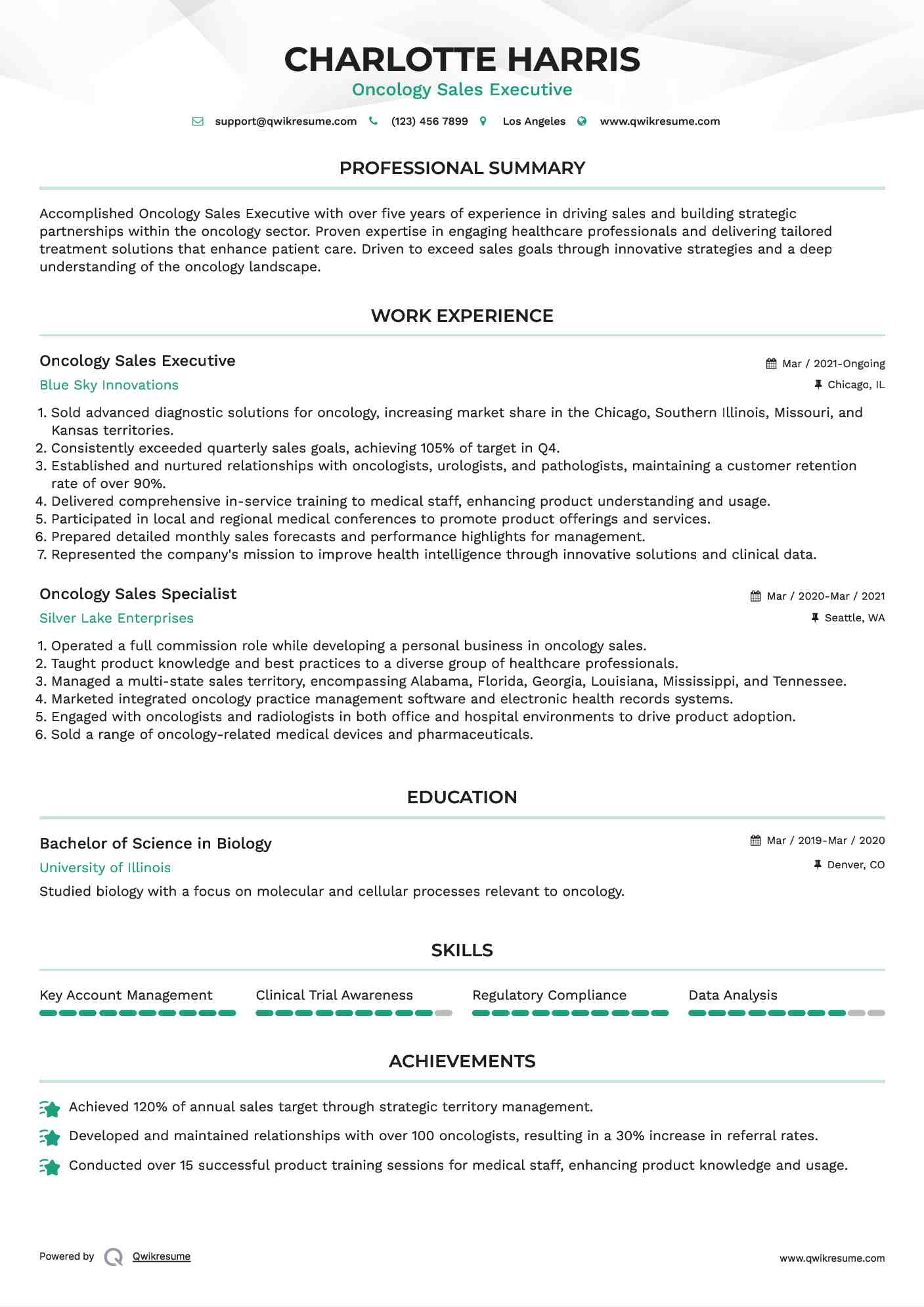 Oncology Sales Executive Resume Sample