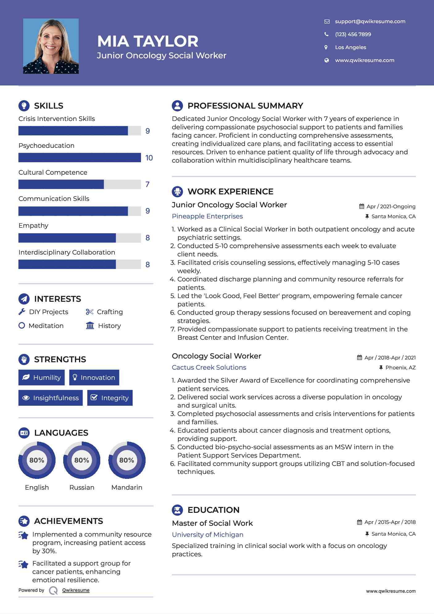 Junior Oncology Social Worker Resume Example