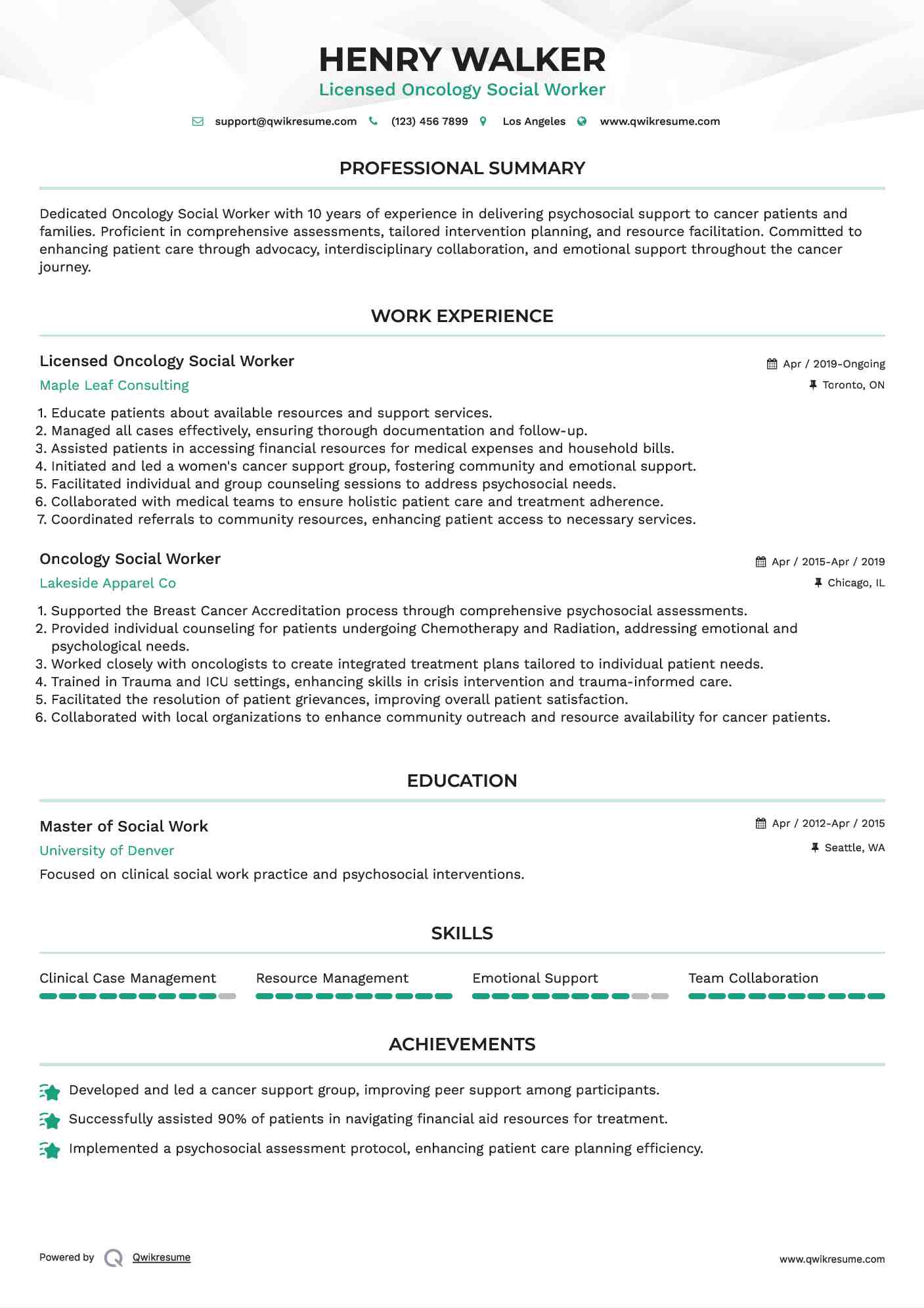 Licensed Oncology Social Worker  Resume Model