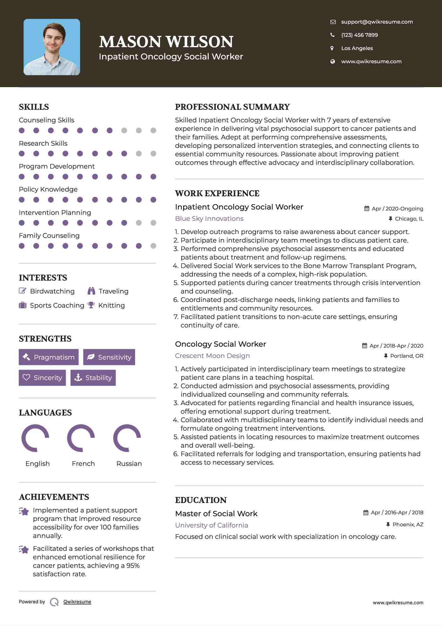 Inpatient Oncology Social Worker Resume Model