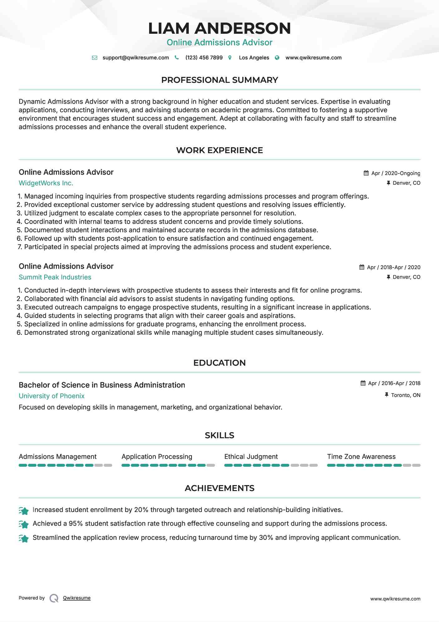 Online Admissions Advisor Resume Format