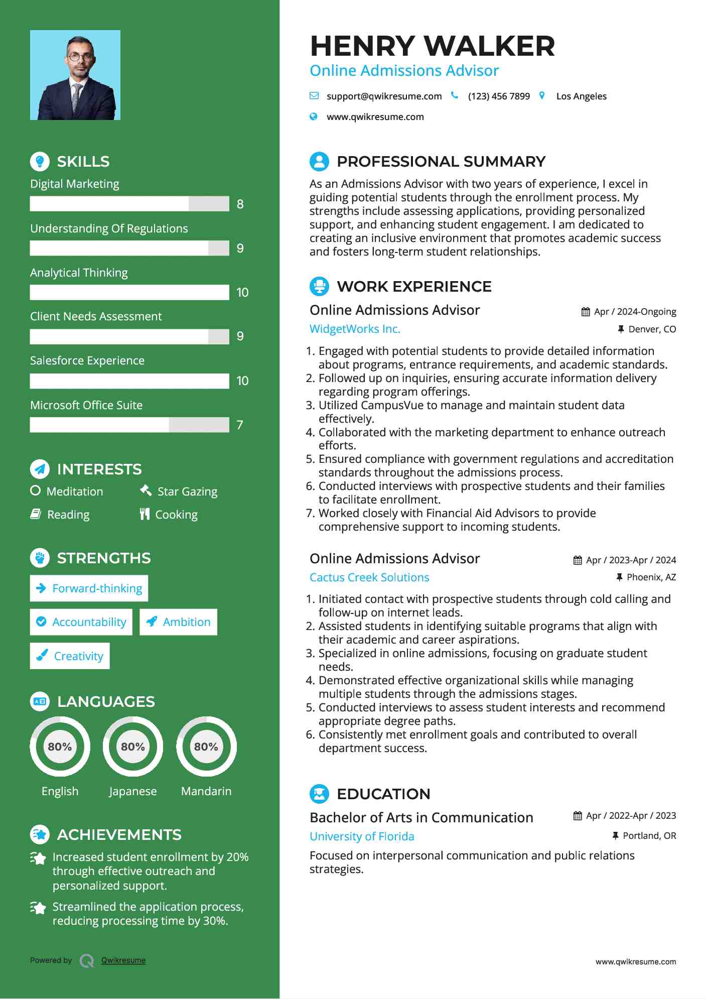 Online Admissions Advisor Resume Sample