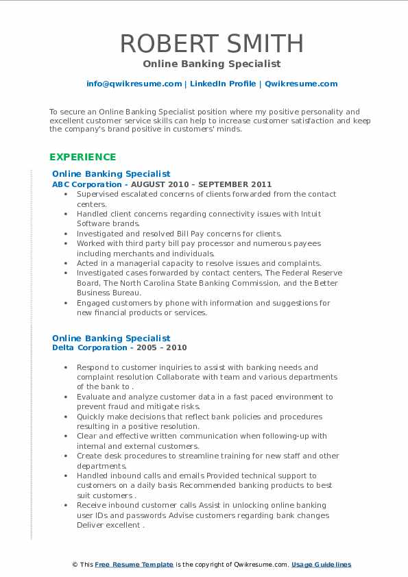 Online Banking Specialist Resume Samples QwikResume