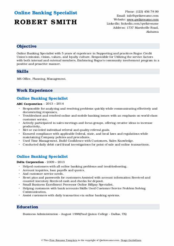 Online Banking Specialist Resume Samples QwikResume