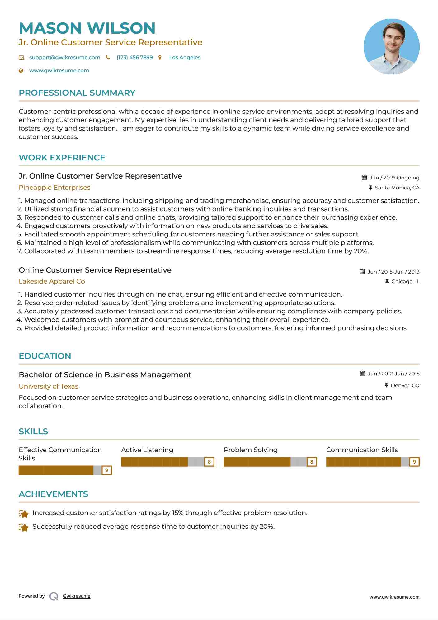 Jr. Online Customer Service Representative Resume Format