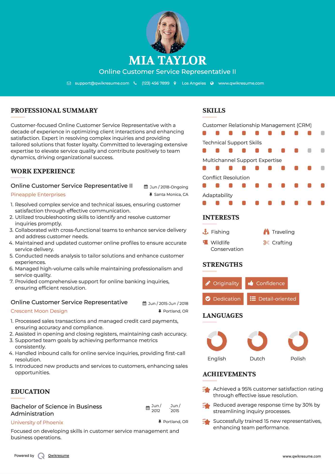 Online Customer Service Representative II Resume Format
