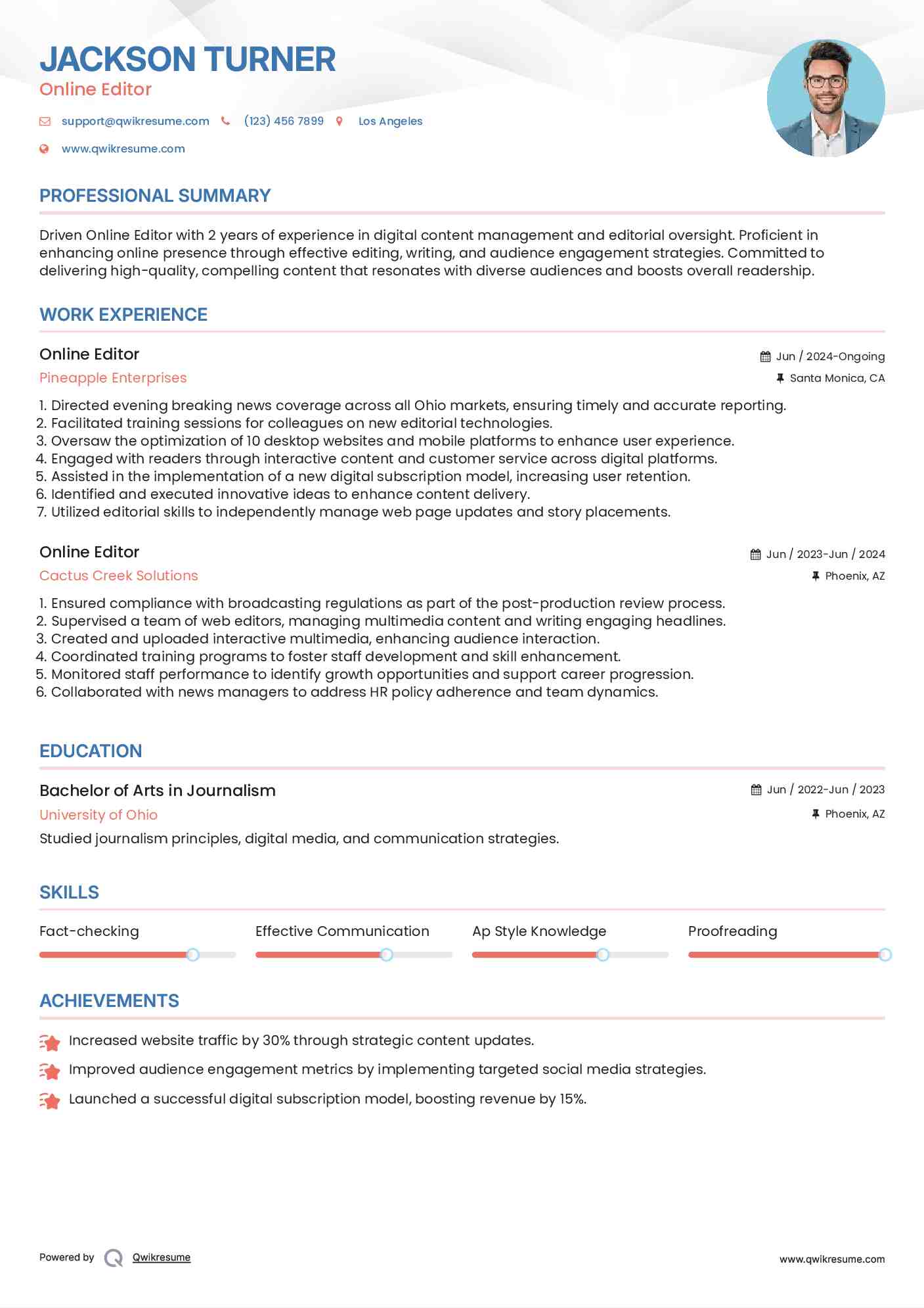 Online Editor Resume Example