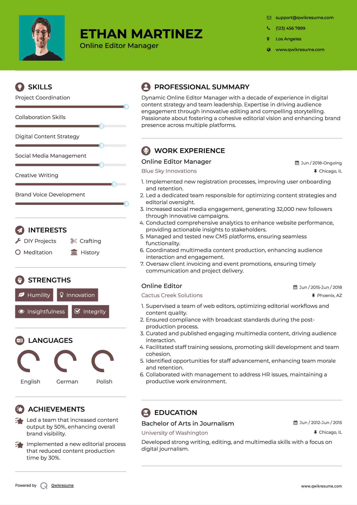 Online Editor Manager Resume Format
