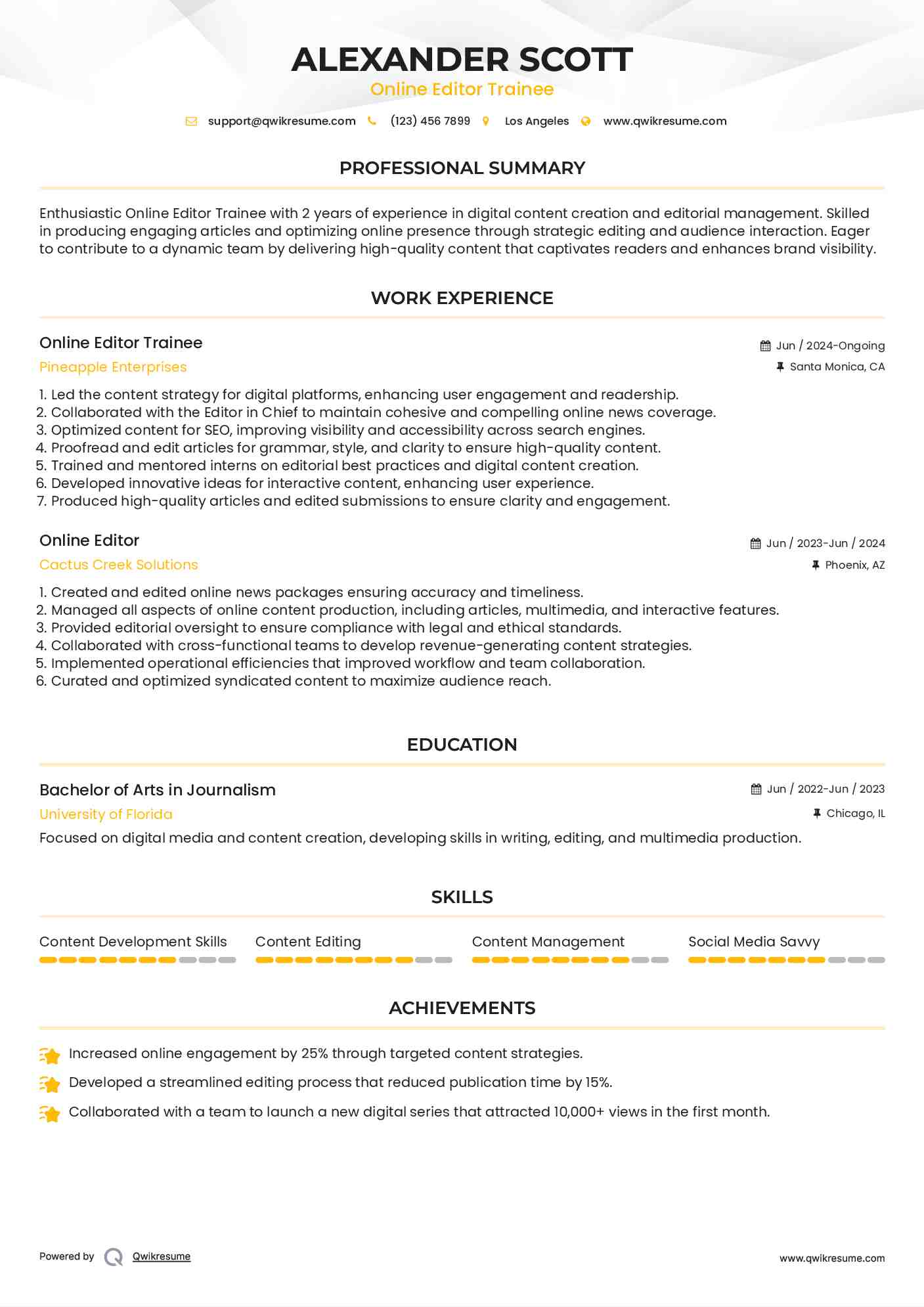 Online Editor Trainee Resume Template