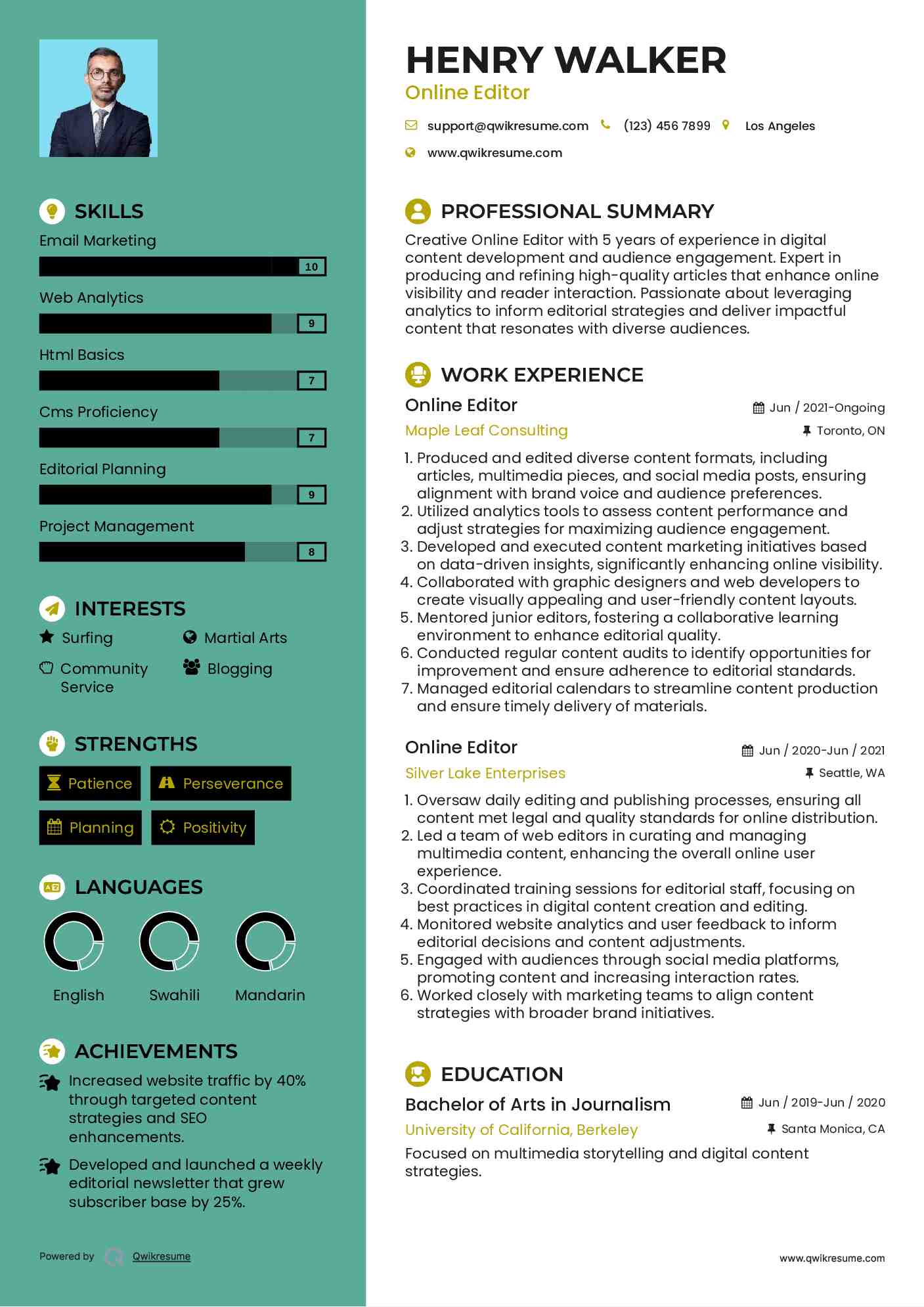 Online Editor Resume Example