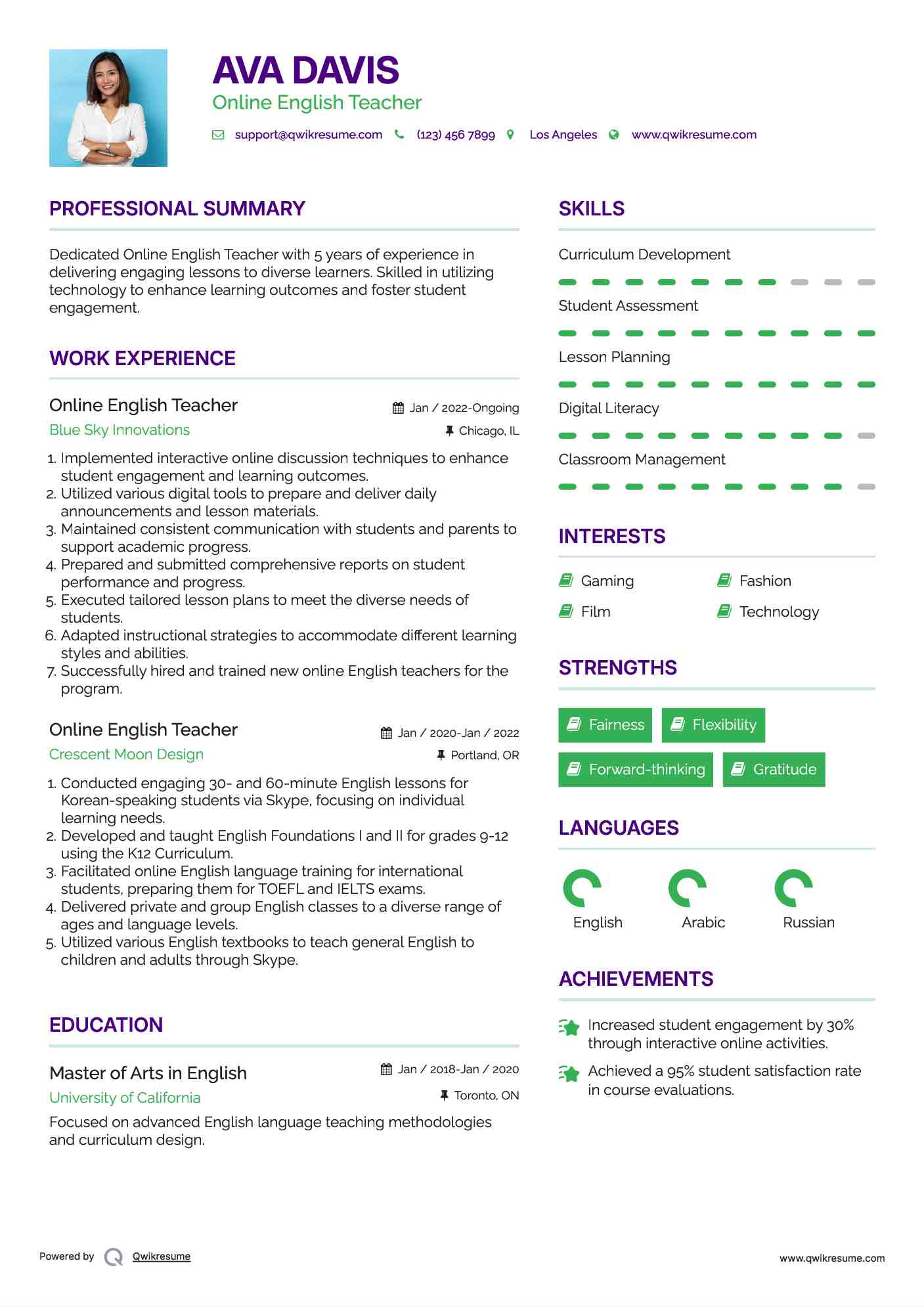 Online English Teacher Resume Sample