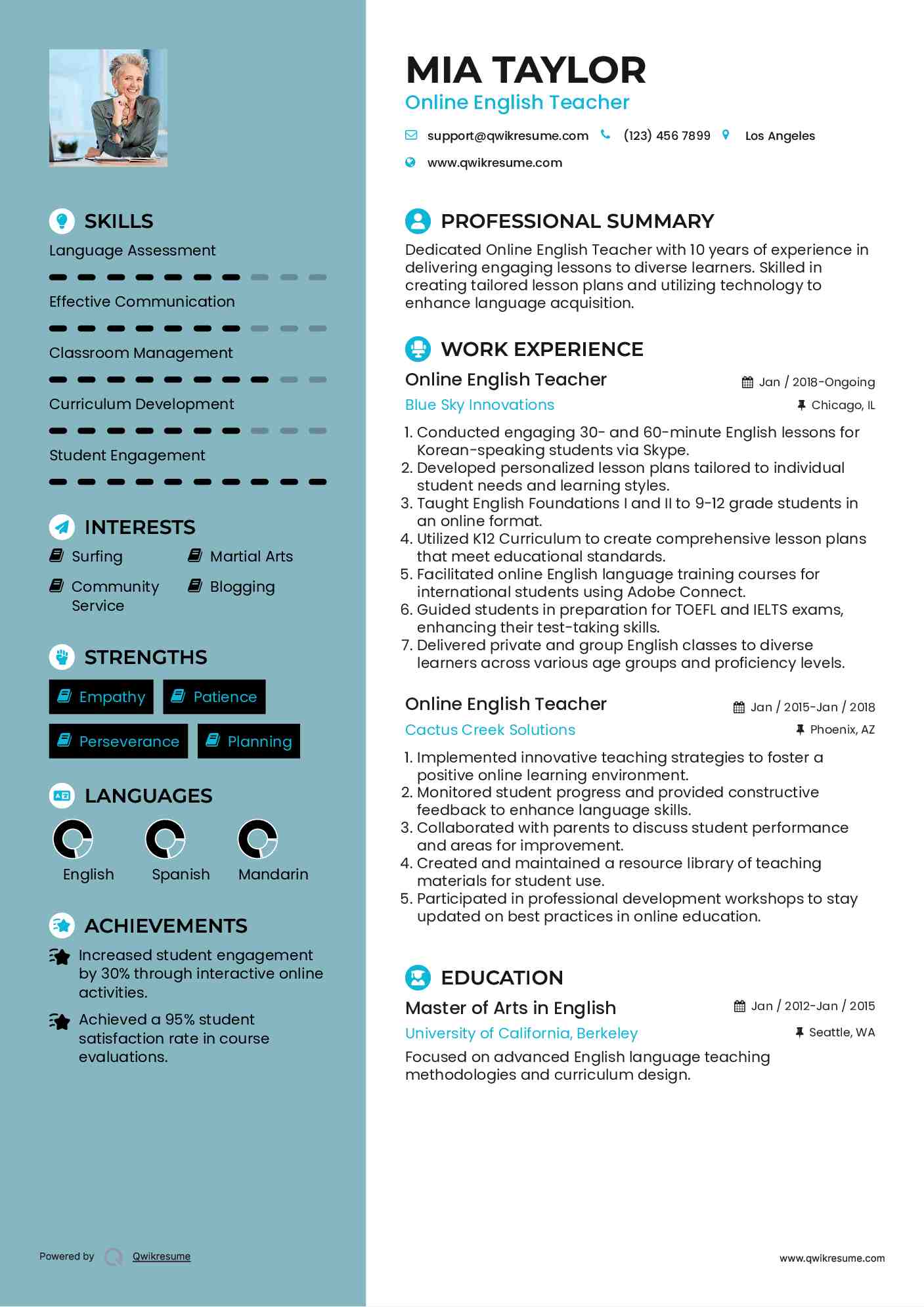 Online English Teacher Resume Template