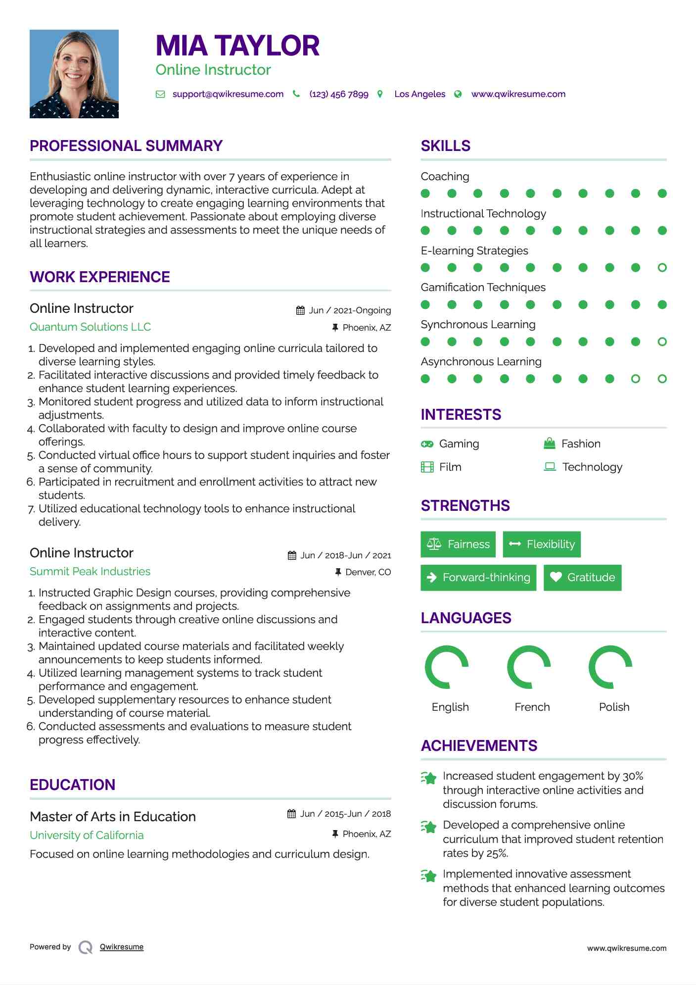 Online Instructor Resume Sample