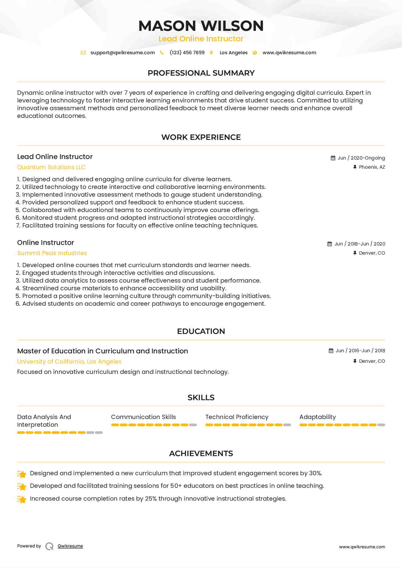 Lead Online Instructor Resume Sample