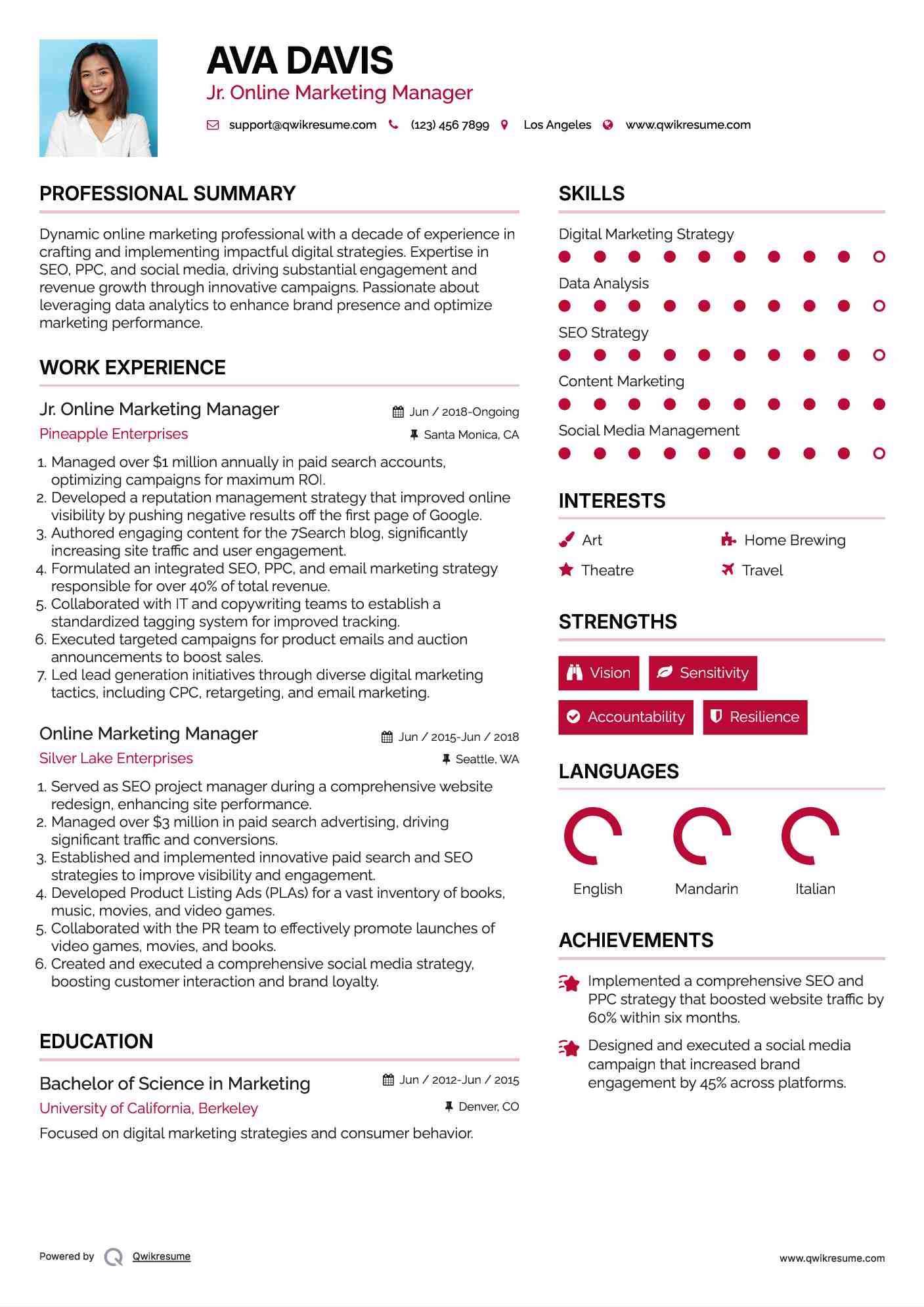 Jr. Online Marketing Manager Resume Model