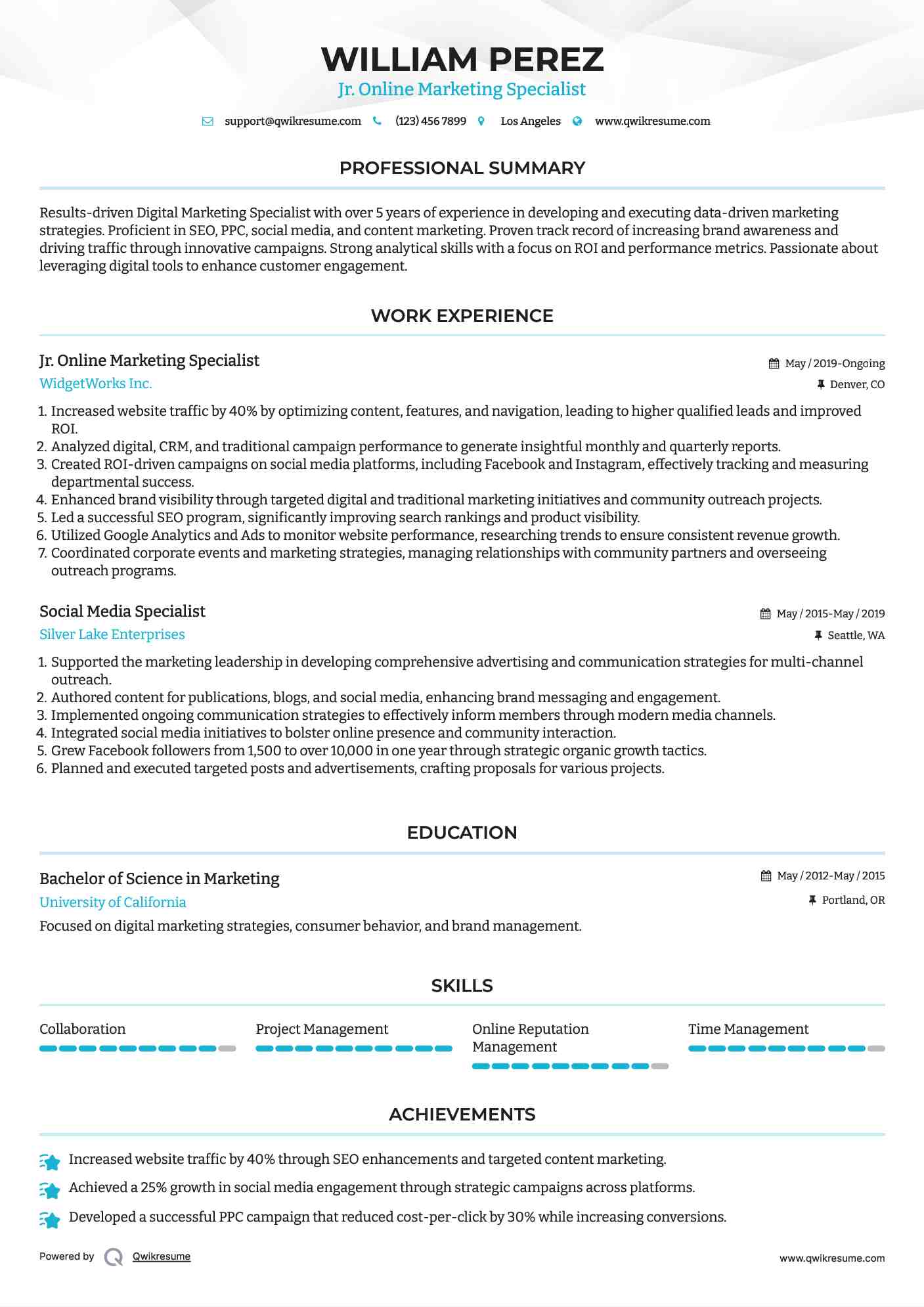 Jr. Online Marketing Specialist Resume Format