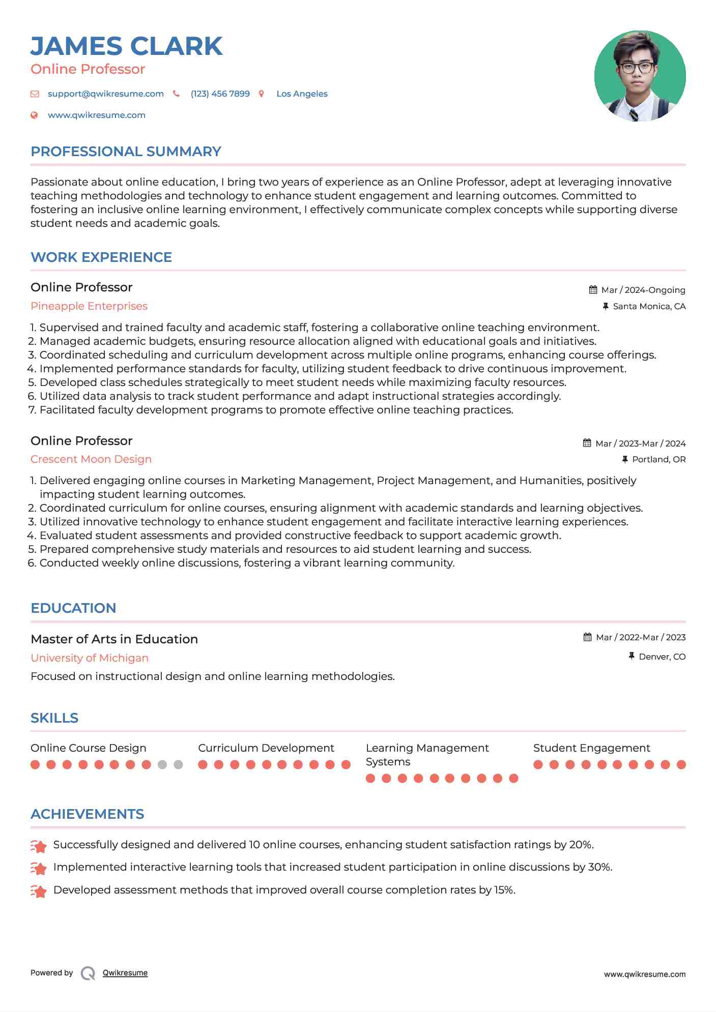 Online Professor Resume Sample