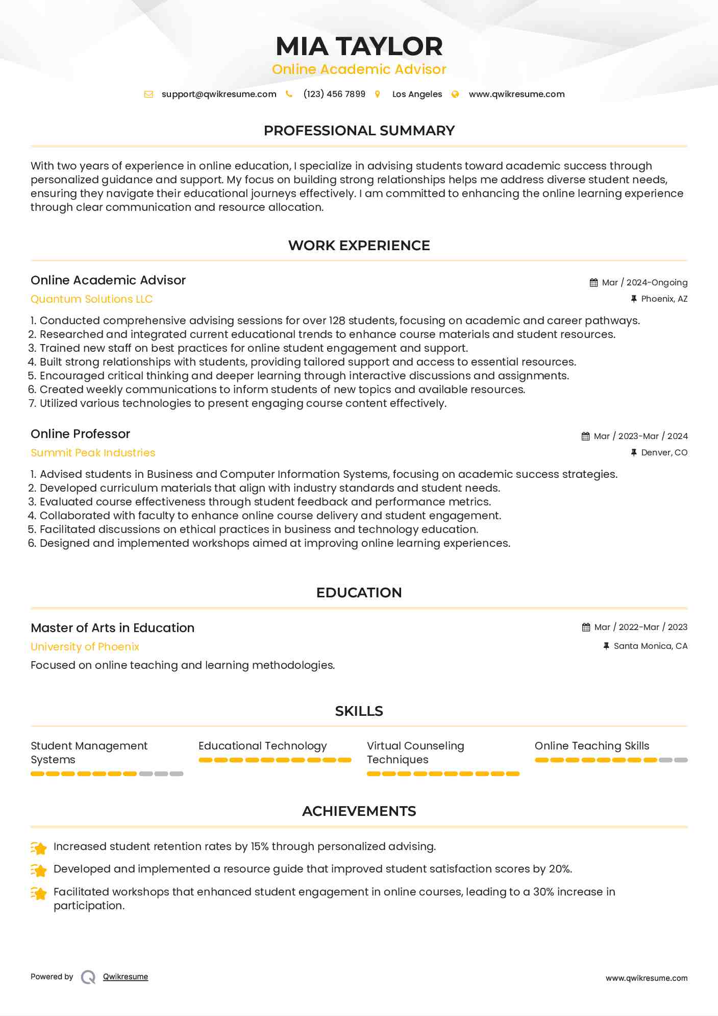 Online Academic Advisor Resume Model