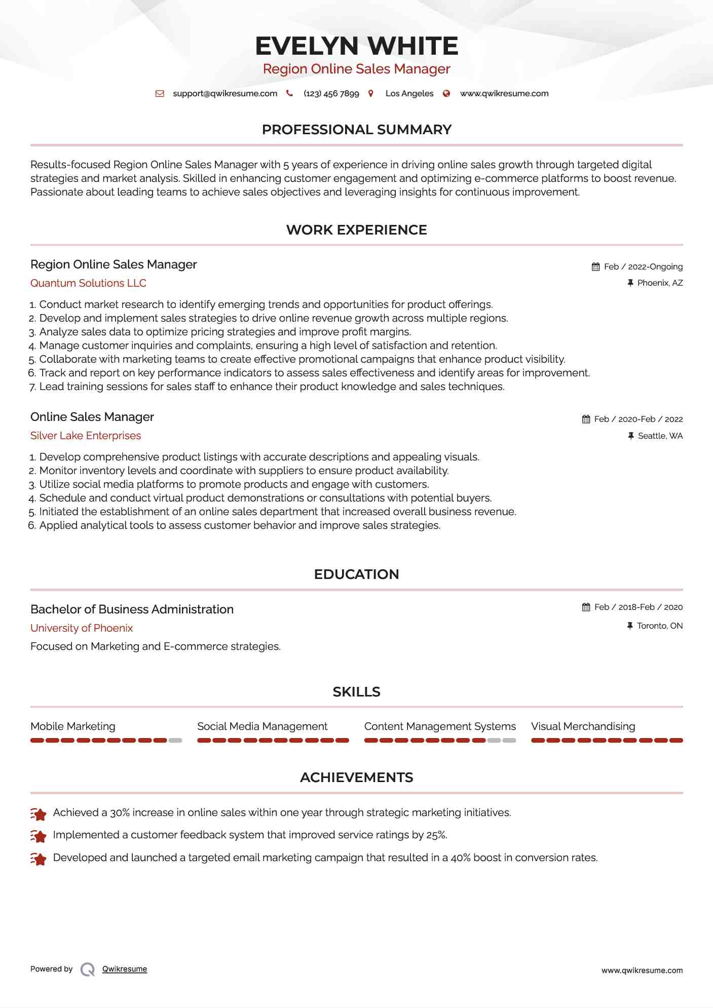 Region Online Sales Manager
 Resume Format