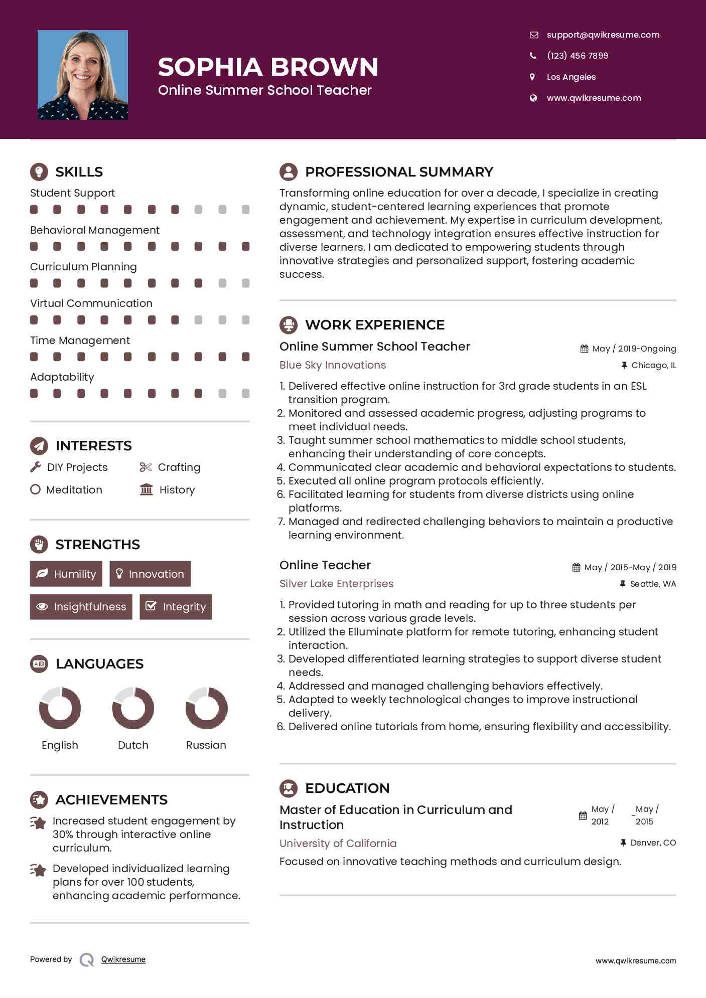 Online Summer School Teacher Resume Sample