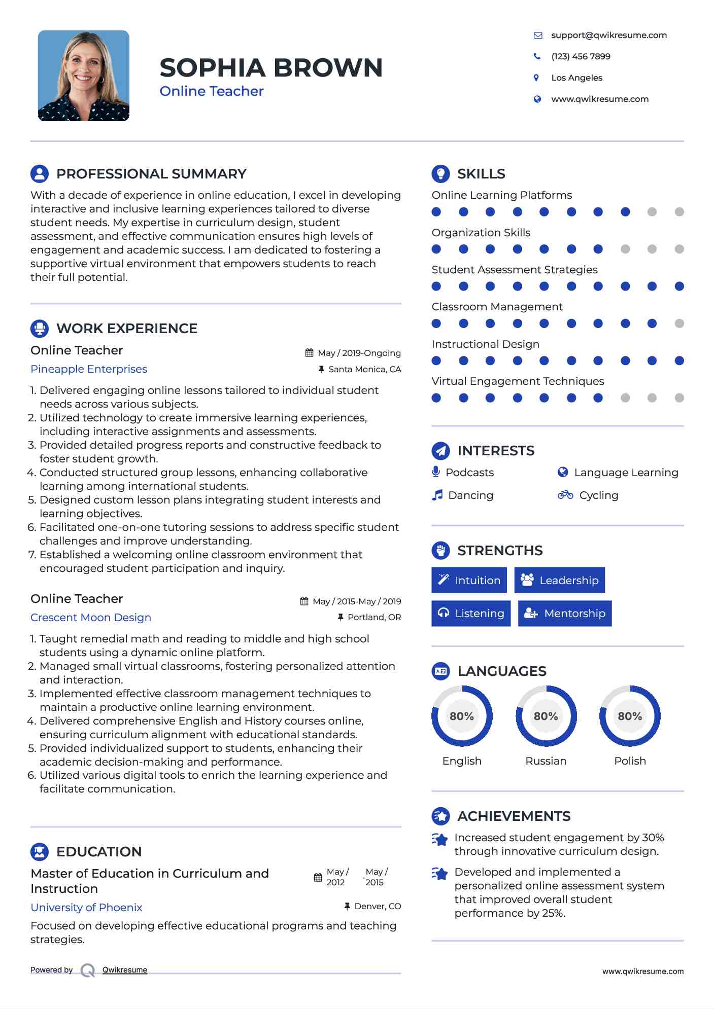 Online Teacher Resume Sample