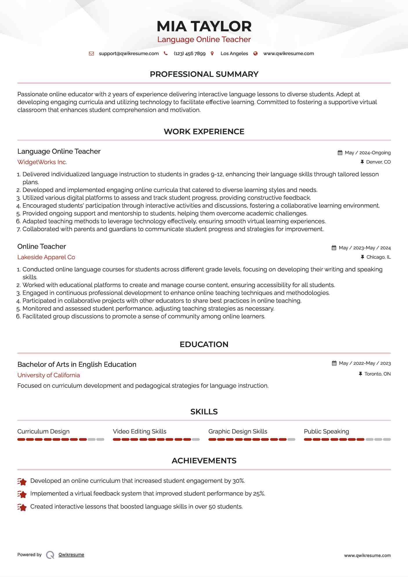 Language Online Teacher Resume Sample