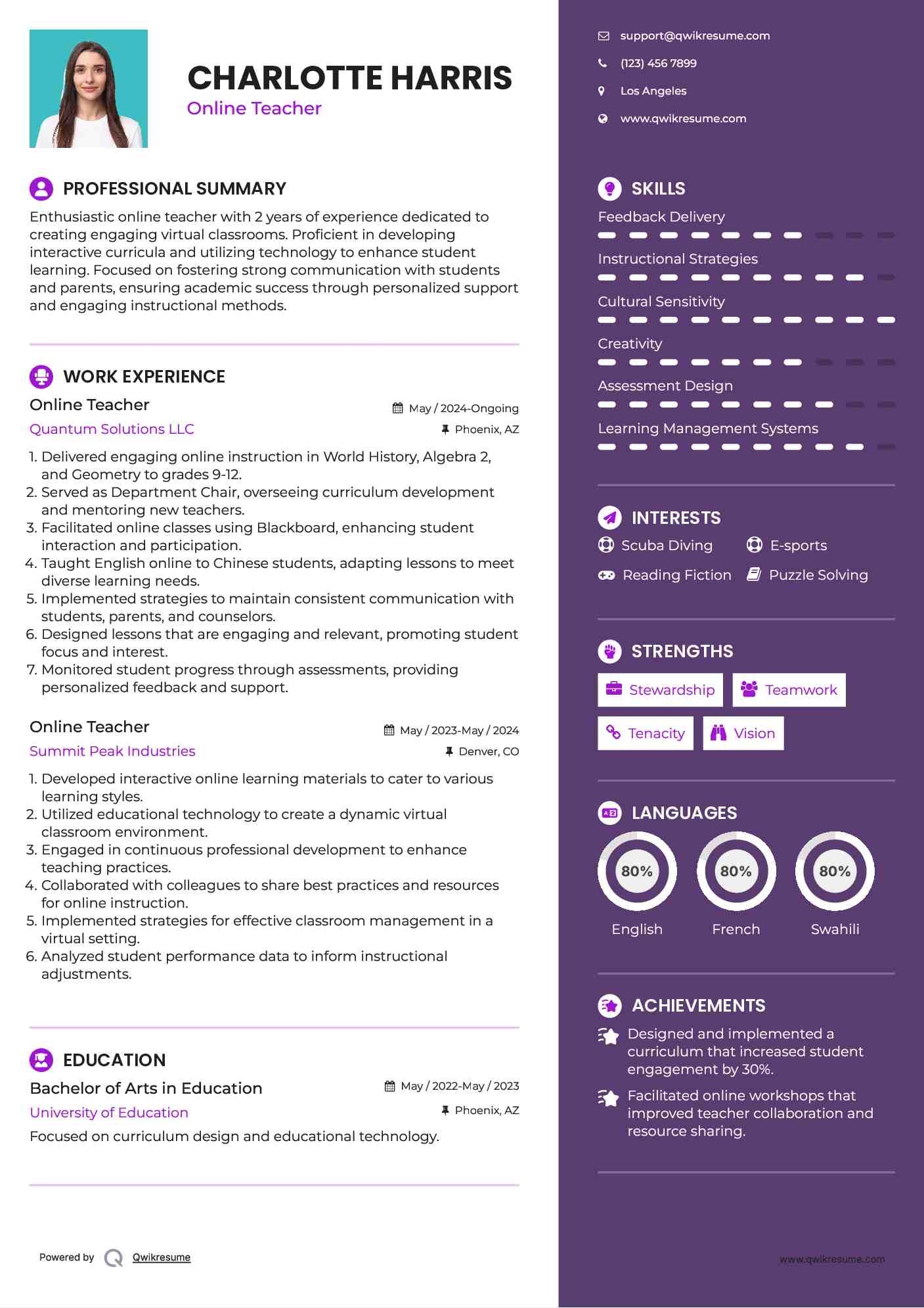 Online Teacher Resume Example